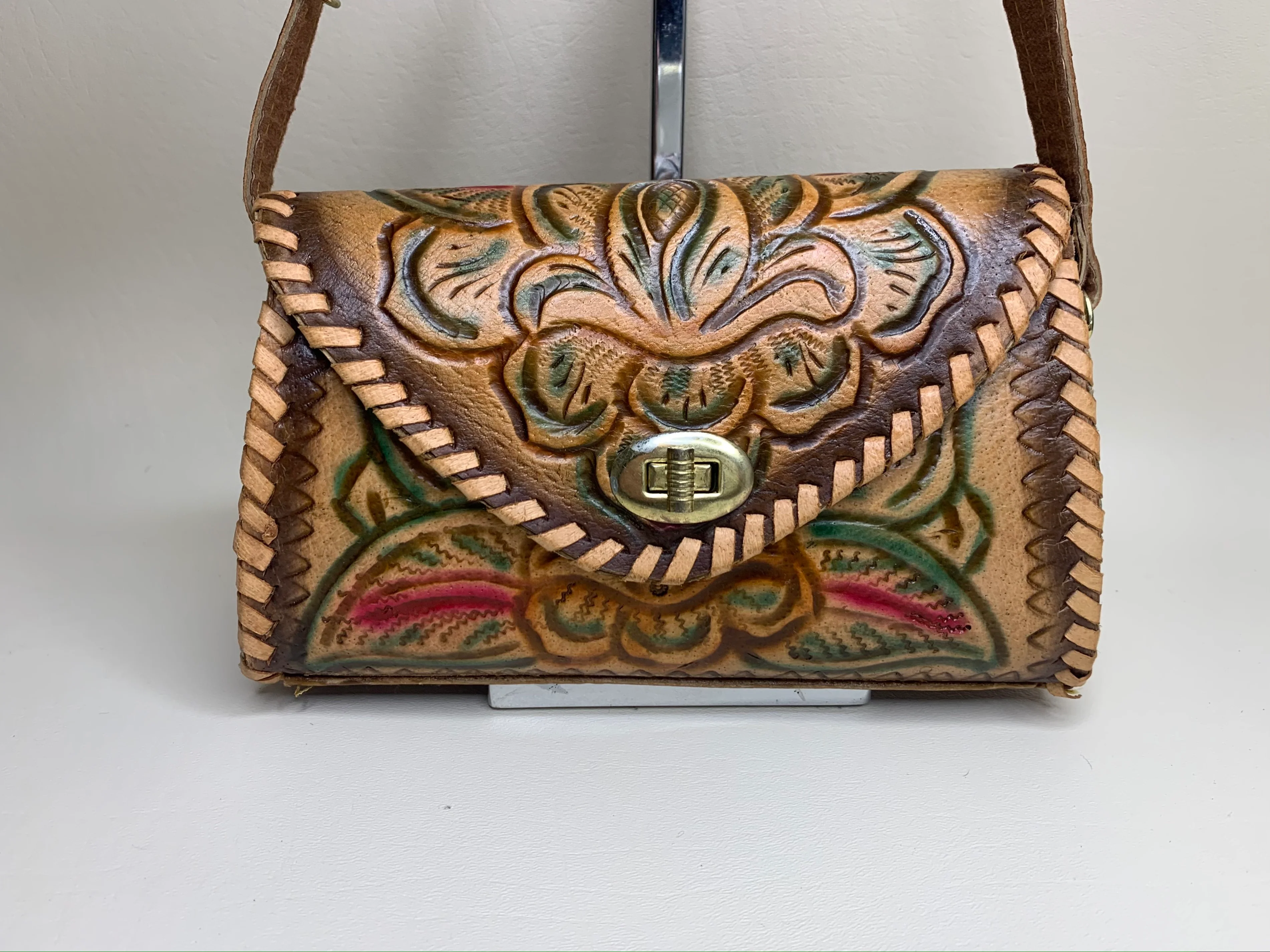 60s Color Tooled Leather Shoulder Bag by Mexico - Image 4