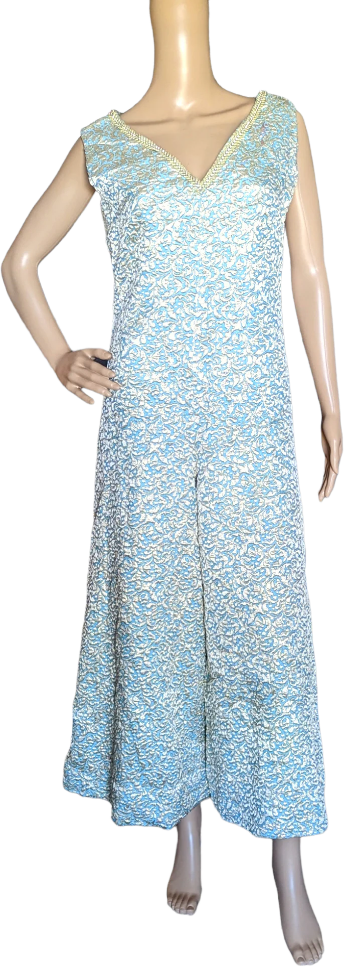 60s Mod Blue And Gold Brocade Wide Leg Jumpsuit