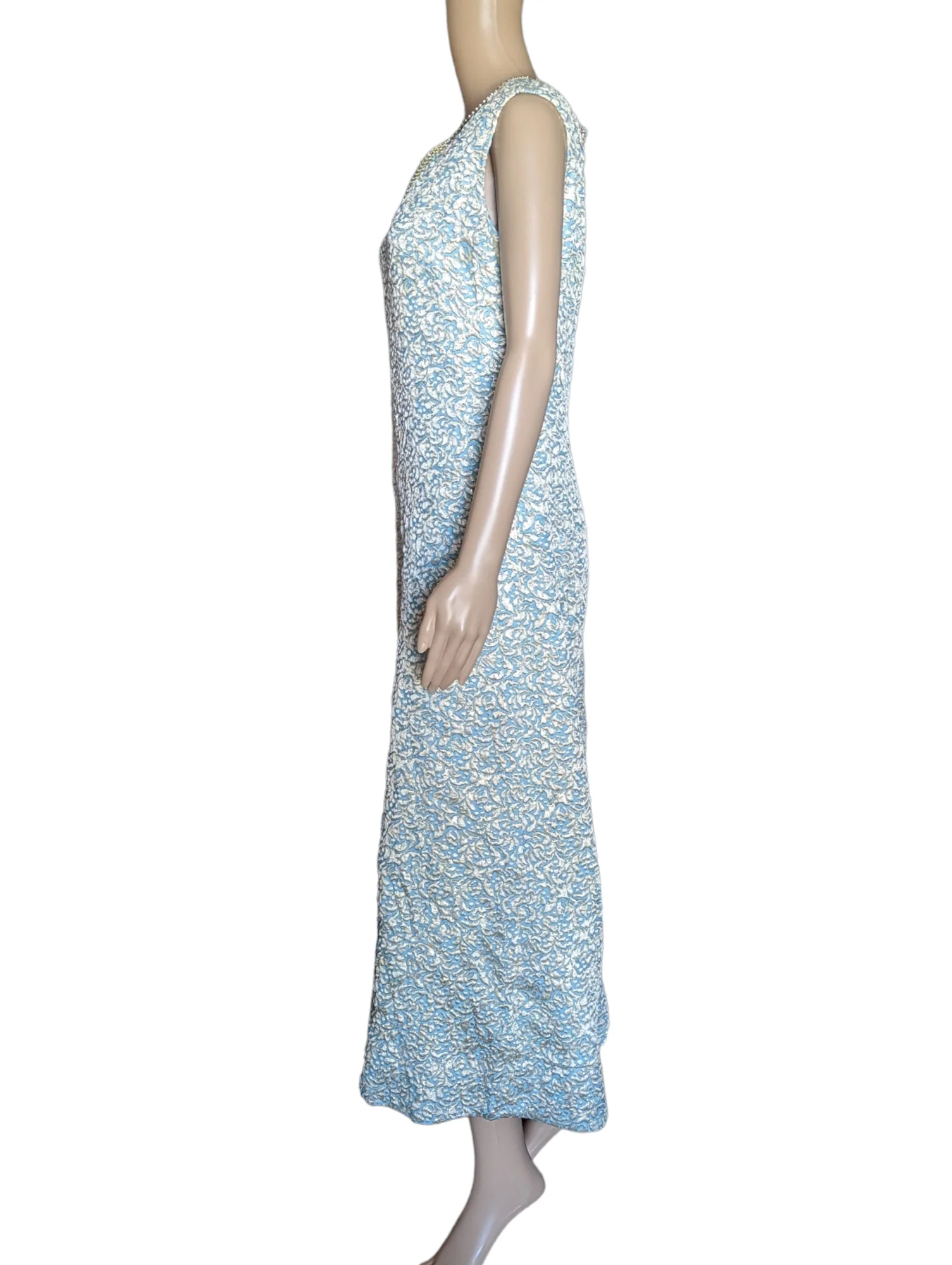 60s Mod Blue And Gold Brocade Wide Leg Jumpsuit - Image 3