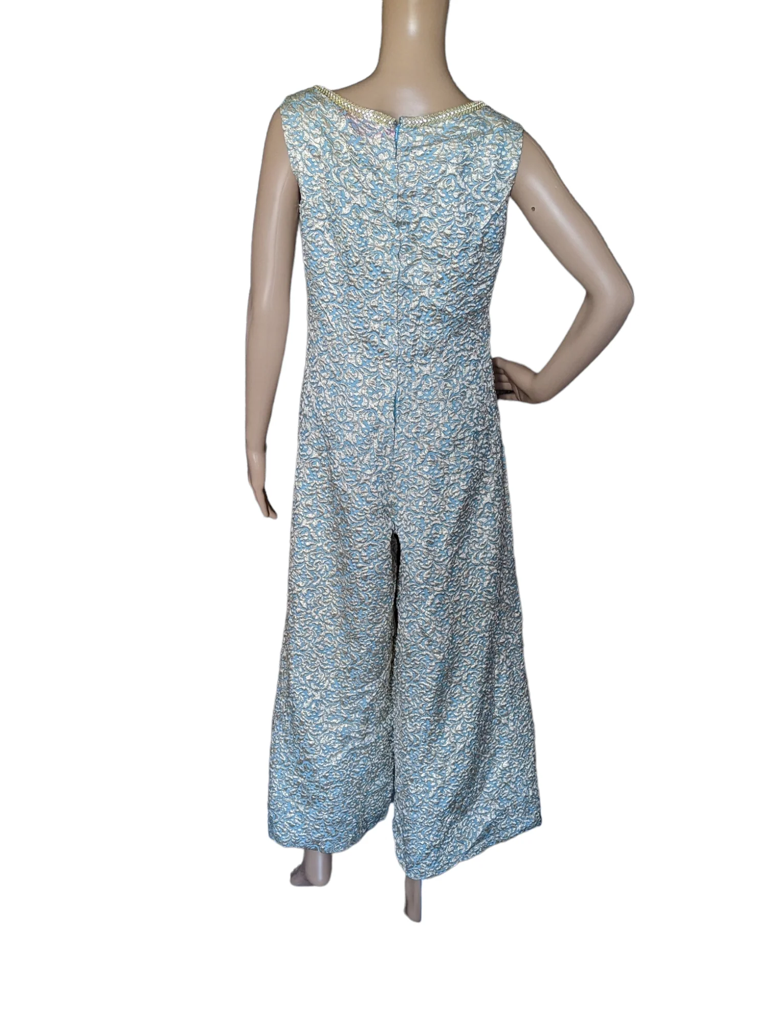60s Mod Blue And Gold Brocade Wide Leg Jumpsuit - Image 4