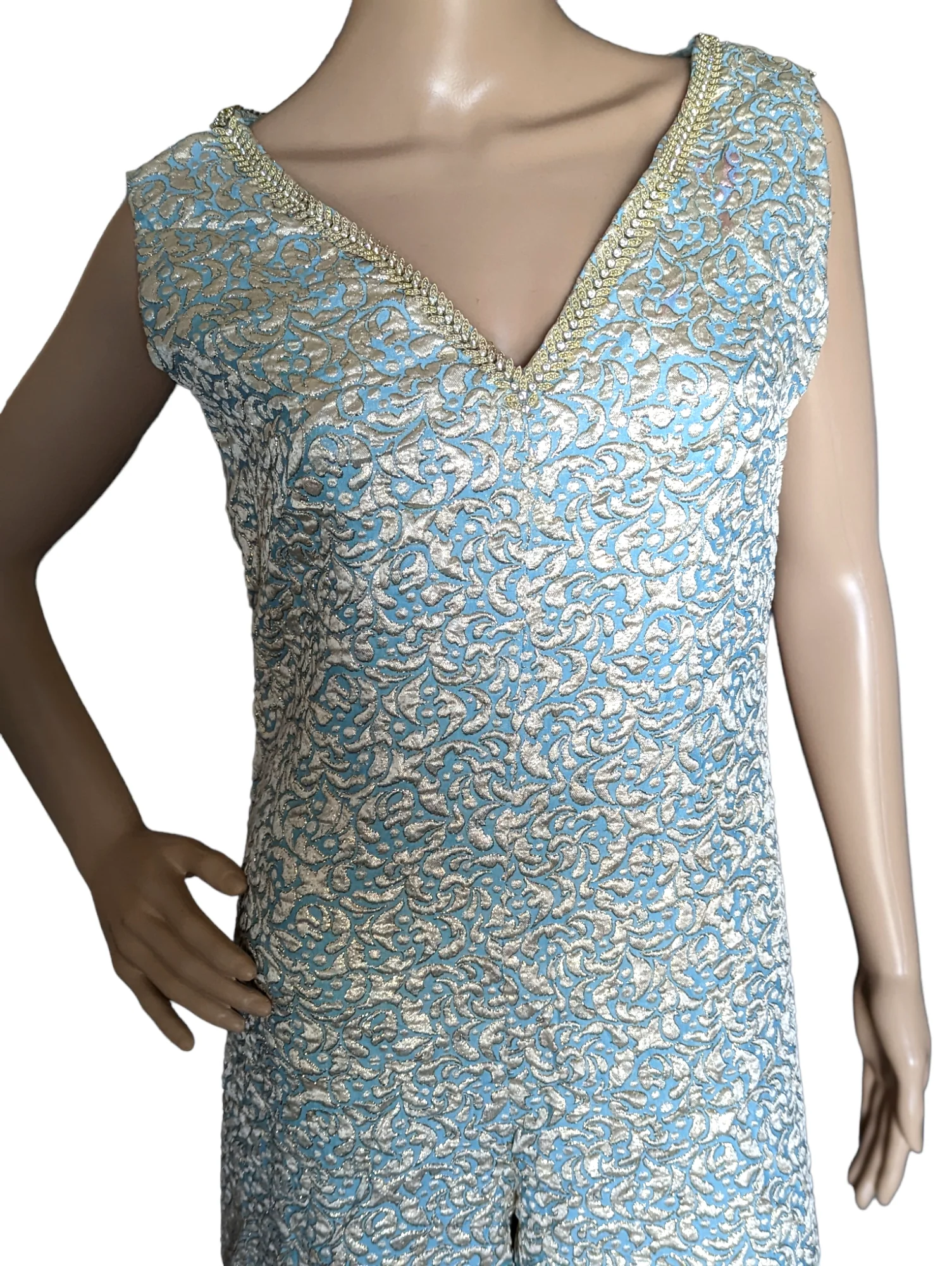 60s Mod Blue And Gold Brocade Wide Leg Jumpsuit - Image 5