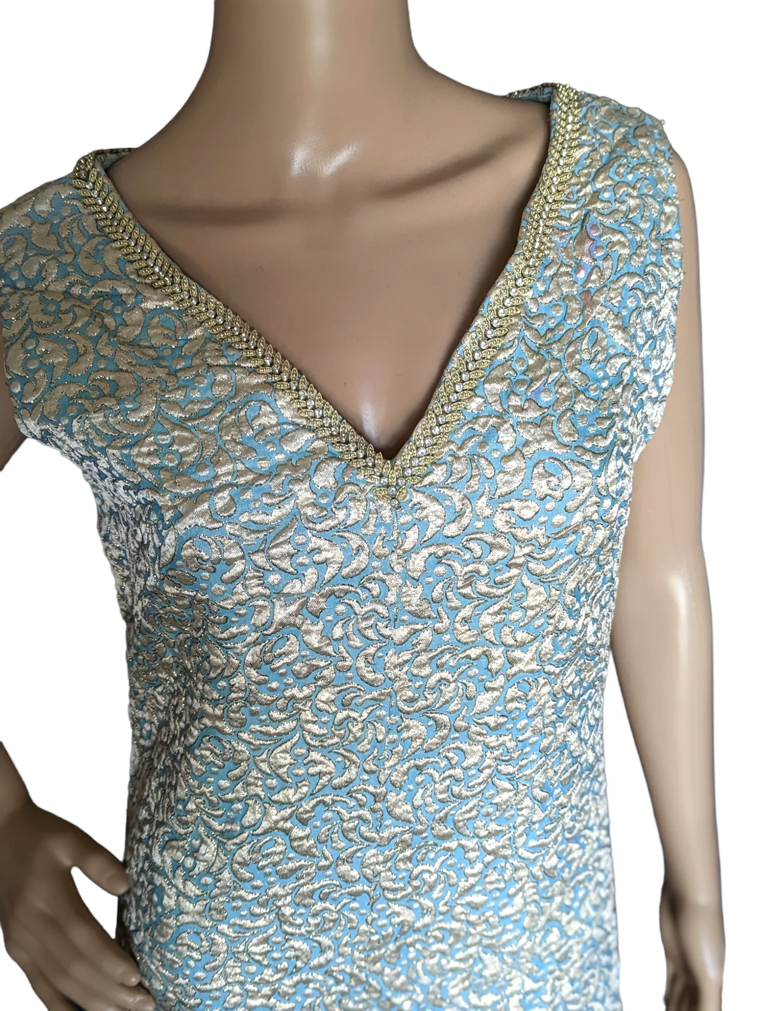 60s Mod Blue And Gold Brocade Wide Leg Jumpsuit - Image 6