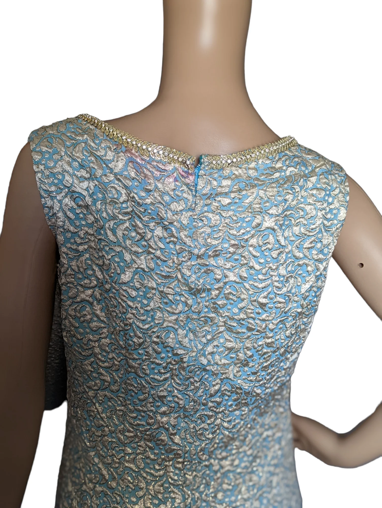 60s Mod Blue And Gold Brocade Wide Leg Jumpsuit - Image 8