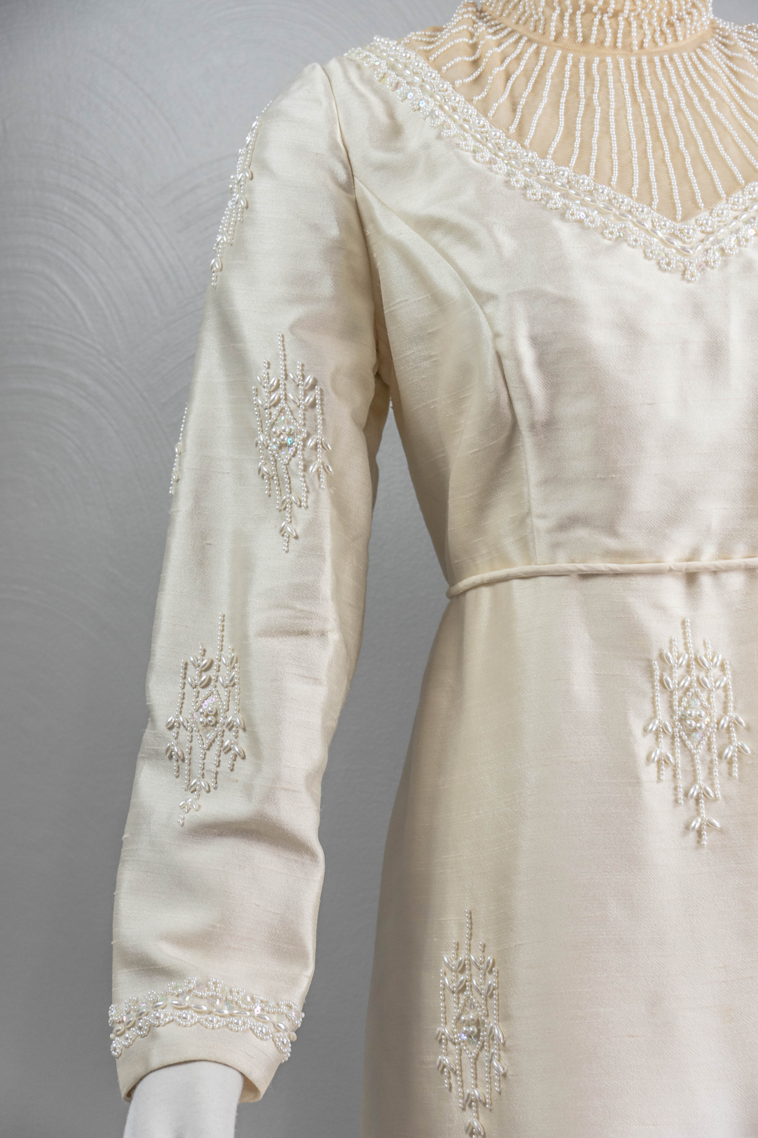 60s Mod Cream Silk Shantung Gown Illusion Neckline - Image 3