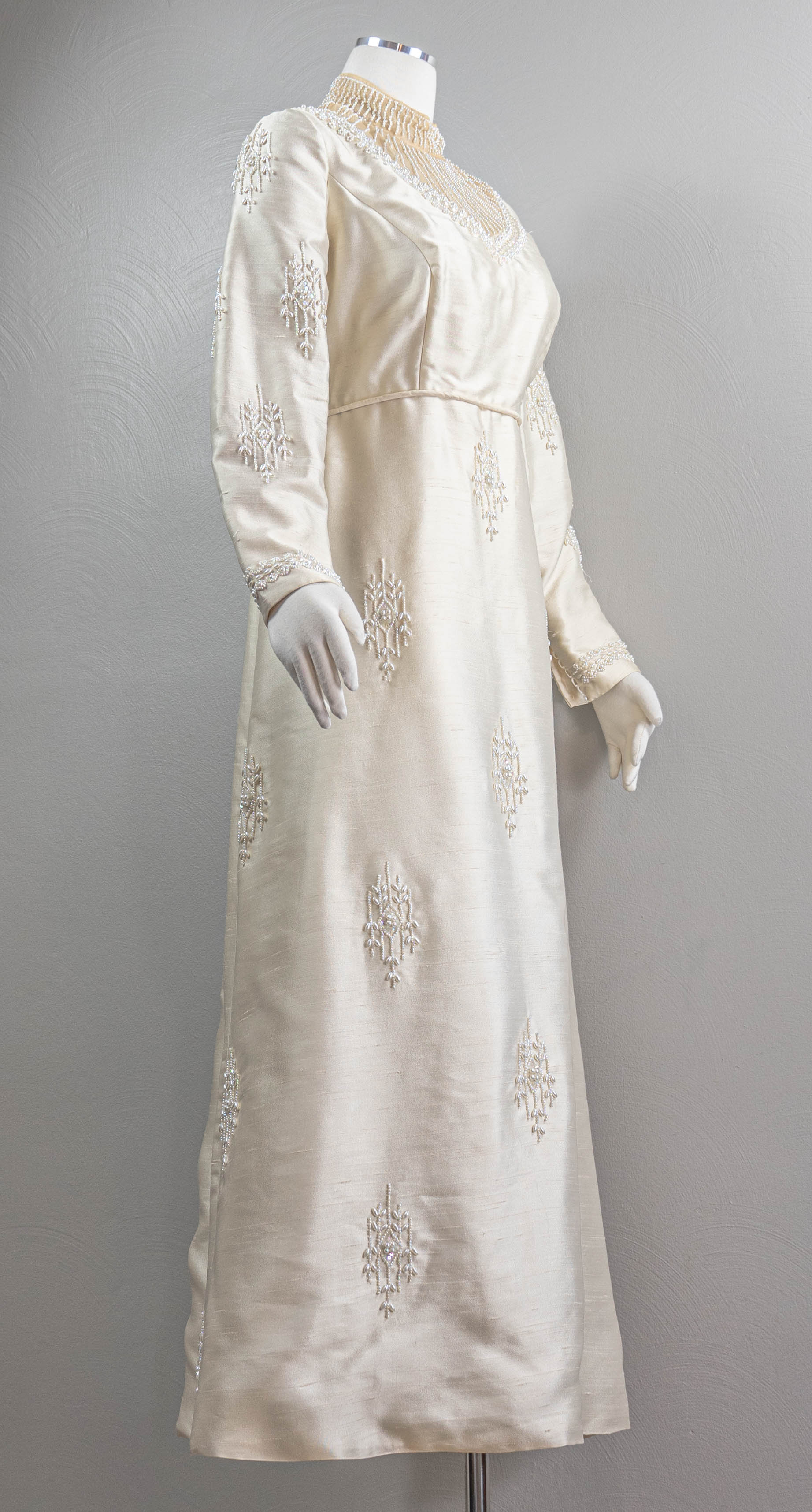 60s Mod Cream Silk Shantung Gown Illusion Neckline - Image 6