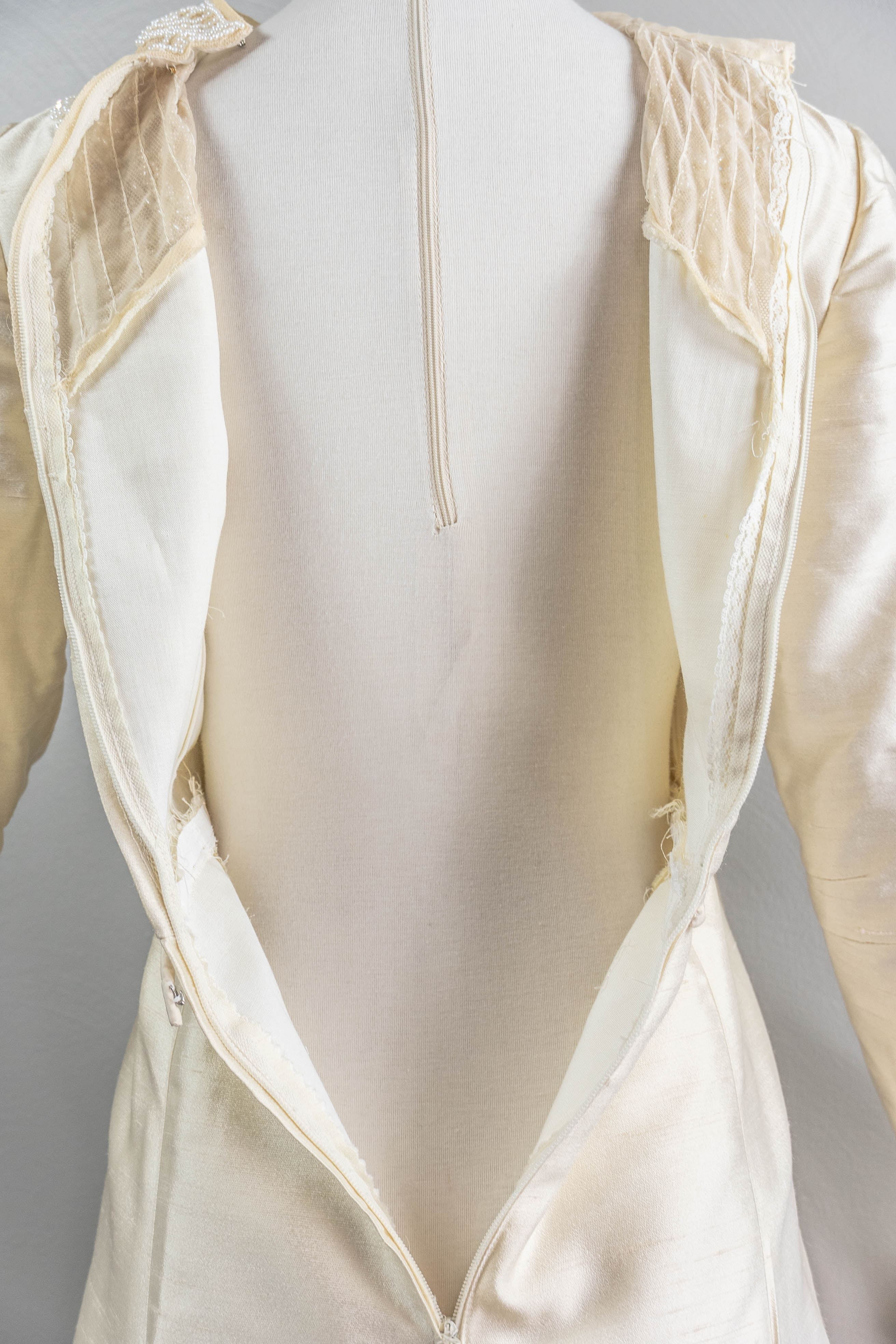 60s Mod Cream Silk Shantung Gown Illusion Neckline - Image 8