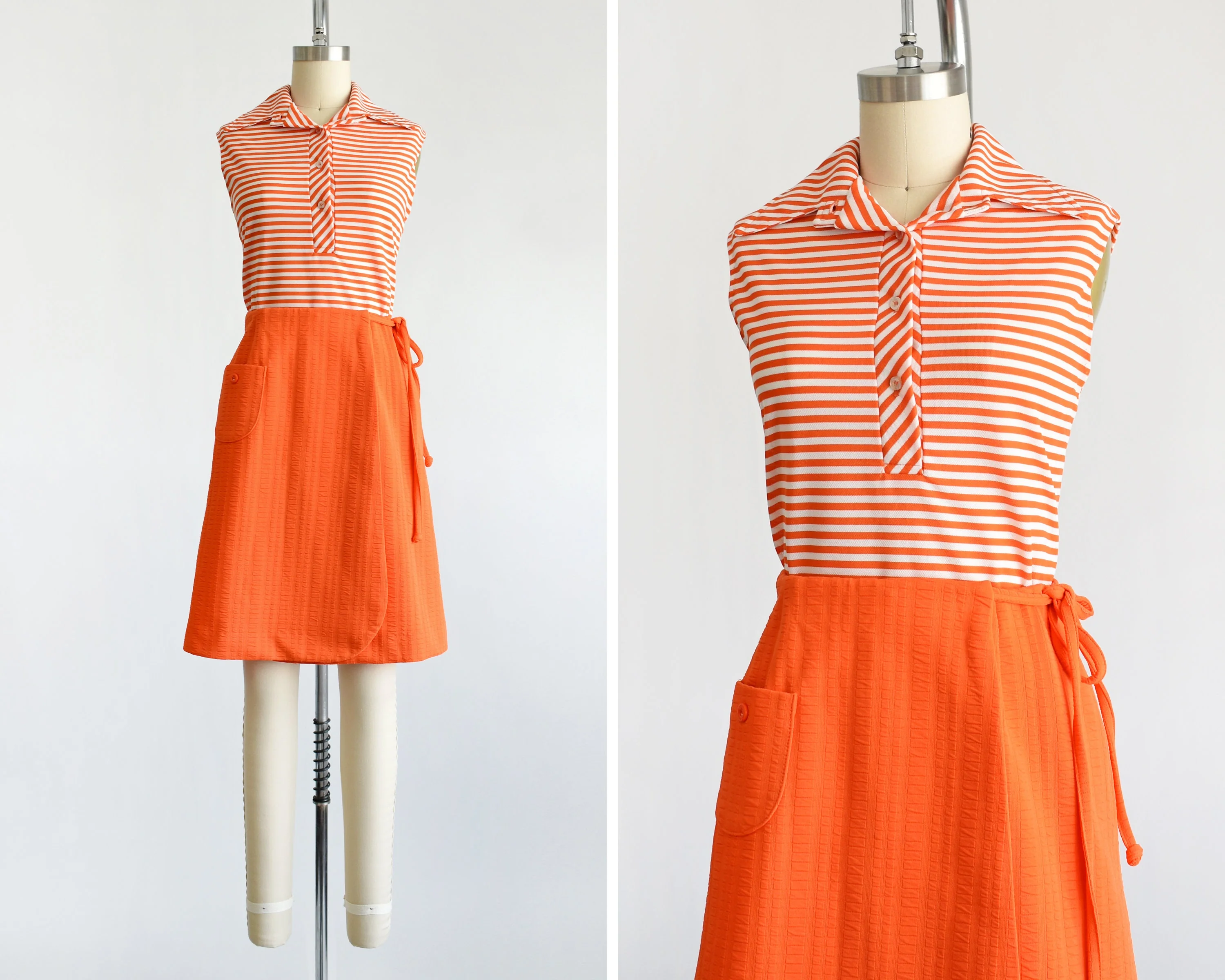 60s Mod Dress Set Vintage 60s Two Piece Set, Orange and White Striped Blouse with Wrap Skirt, Small by Queen Casuals - Image 2