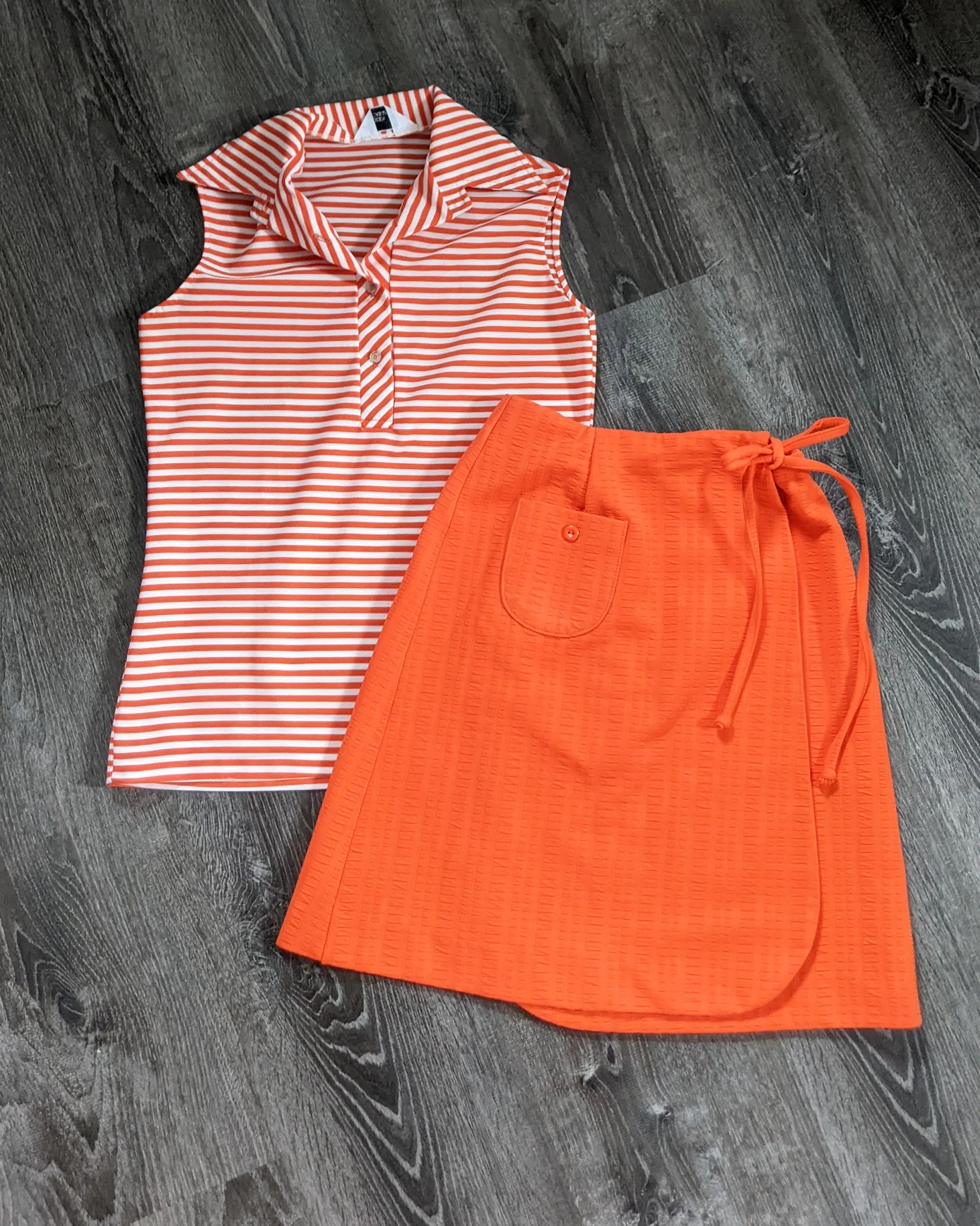 60s Mod Dress Set Vintage 60s Two Piece Set, Orange and White Striped Blouse with Wrap Skirt, Small by Queen Casuals - Image 8