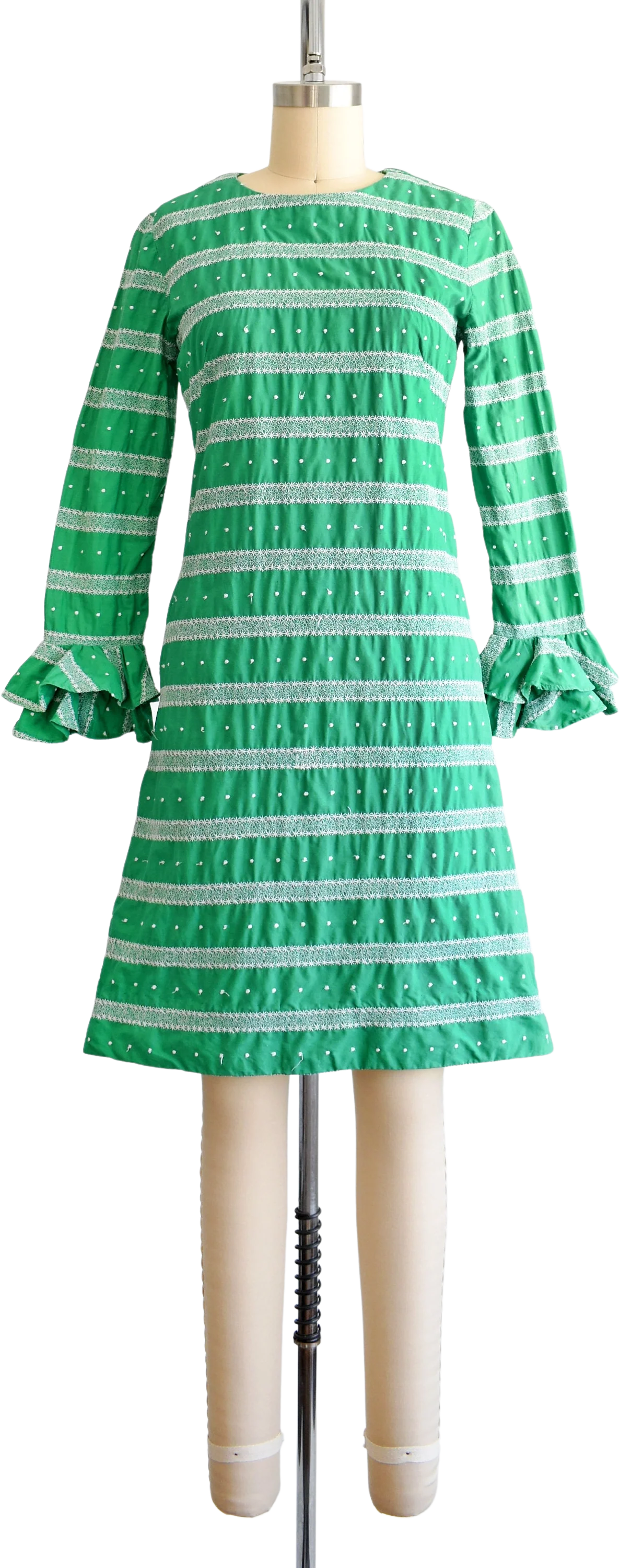 60s Mod Embroidered Dress Vintage 60s Dress Green and White Cotton Dress with Ruffled Trumpet Sleeves, Xs