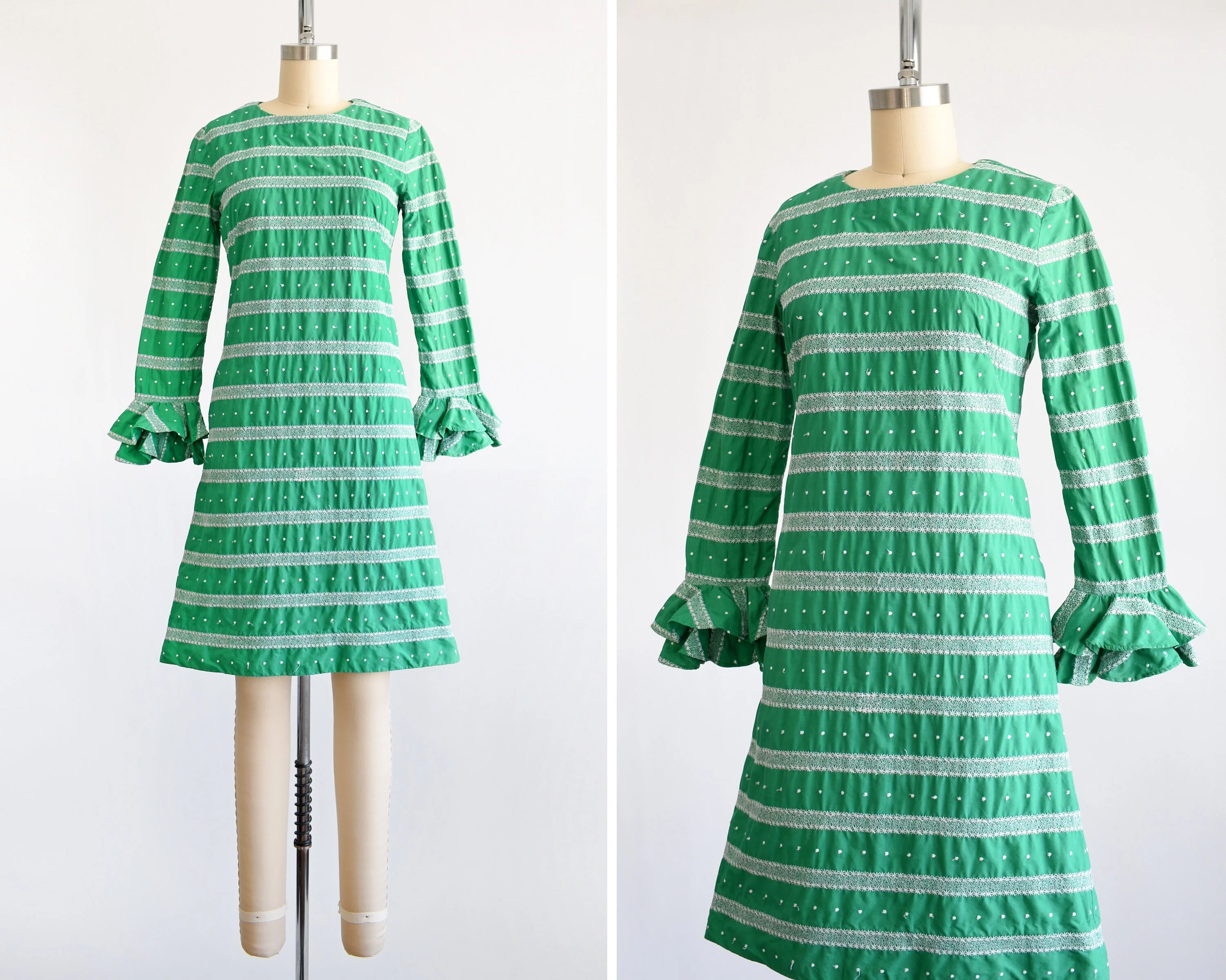 60s Mod Embroidered Dress Vintage 60s Dress Green and White Cotton Dress with Ruffled Trumpet Sleeves, Xs - Image 2