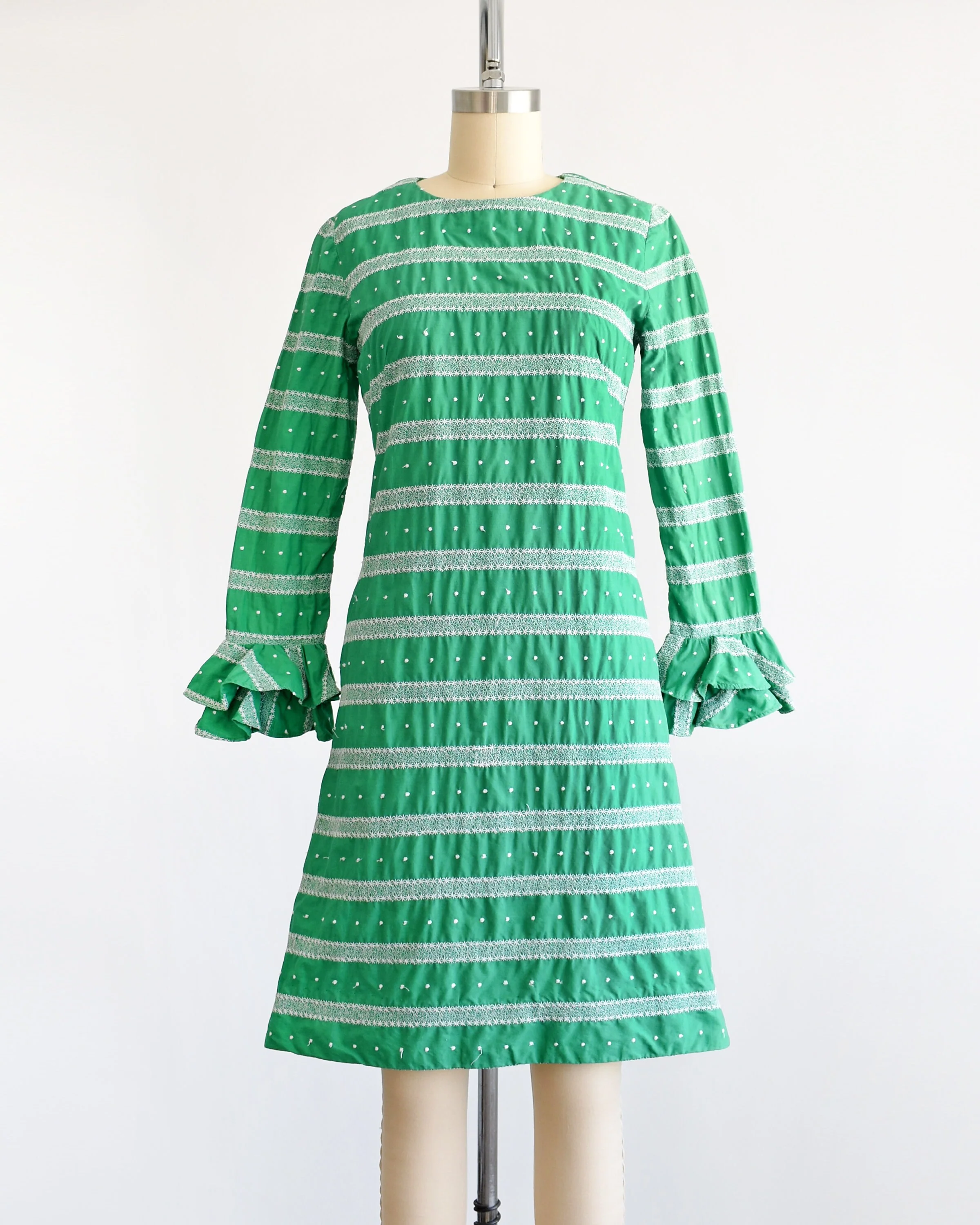 60s Mod Embroidered Dress Vintage 60s Dress Green and White Cotton Dress with Ruffled Trumpet Sleeves, Xs - Image 3
