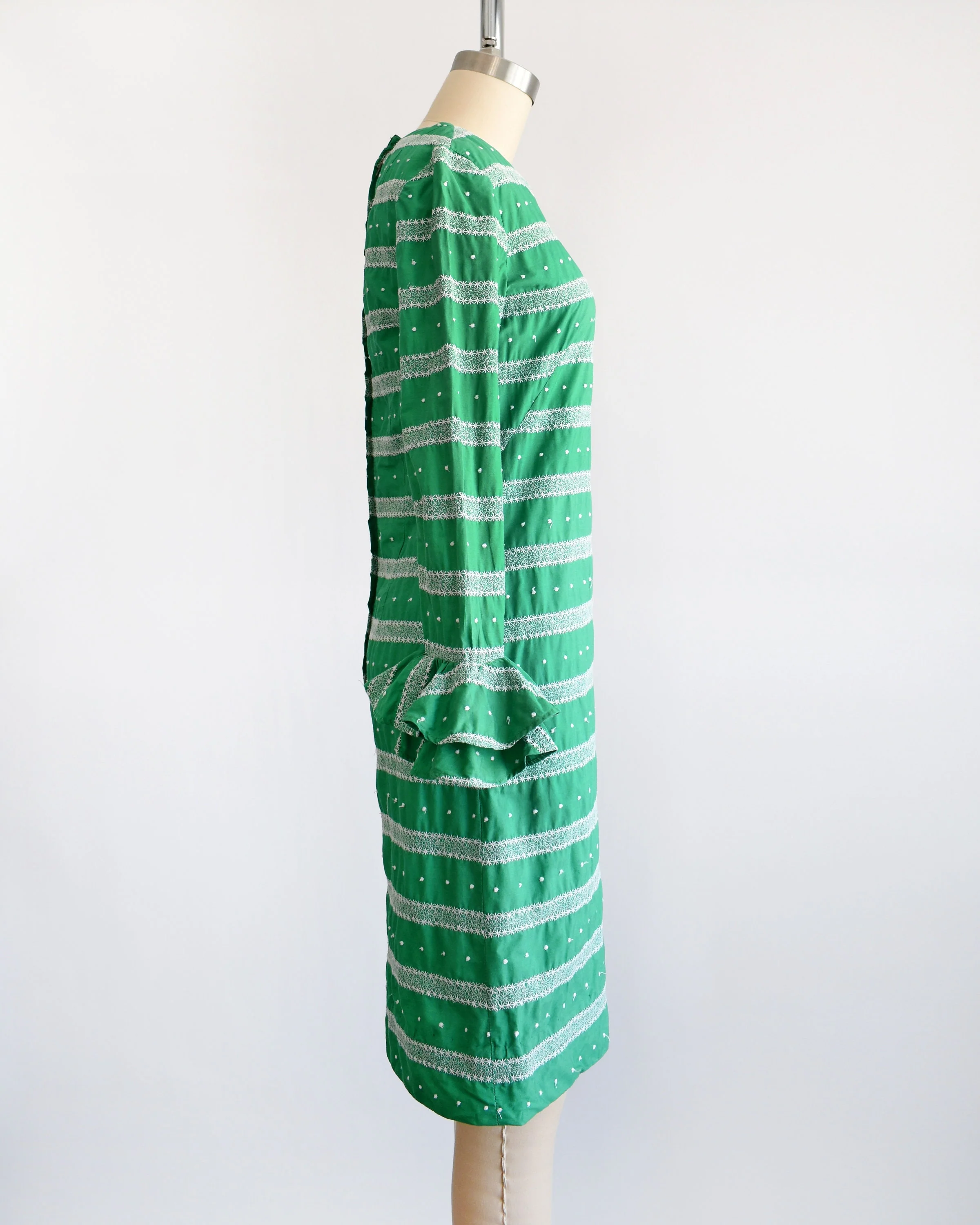 60s Mod Embroidered Dress Vintage 60s Dress Green and White Cotton Dress with Ruffled Trumpet Sleeves, Xs - Image 4
