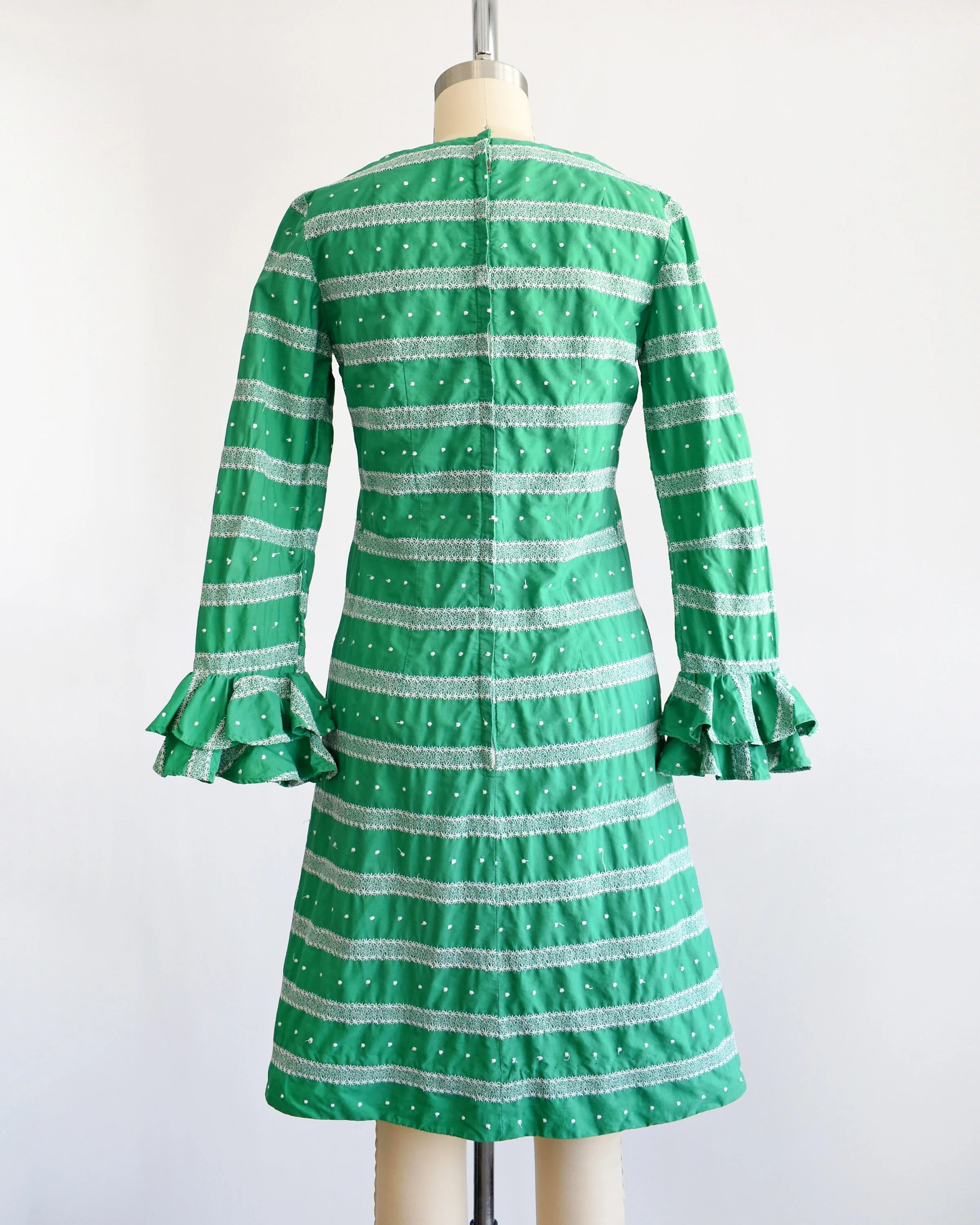 60s Mod Embroidered Dress Vintage 60s Dress Green and White Cotton Dress with Ruffled Trumpet Sleeves, Xs - Image 5