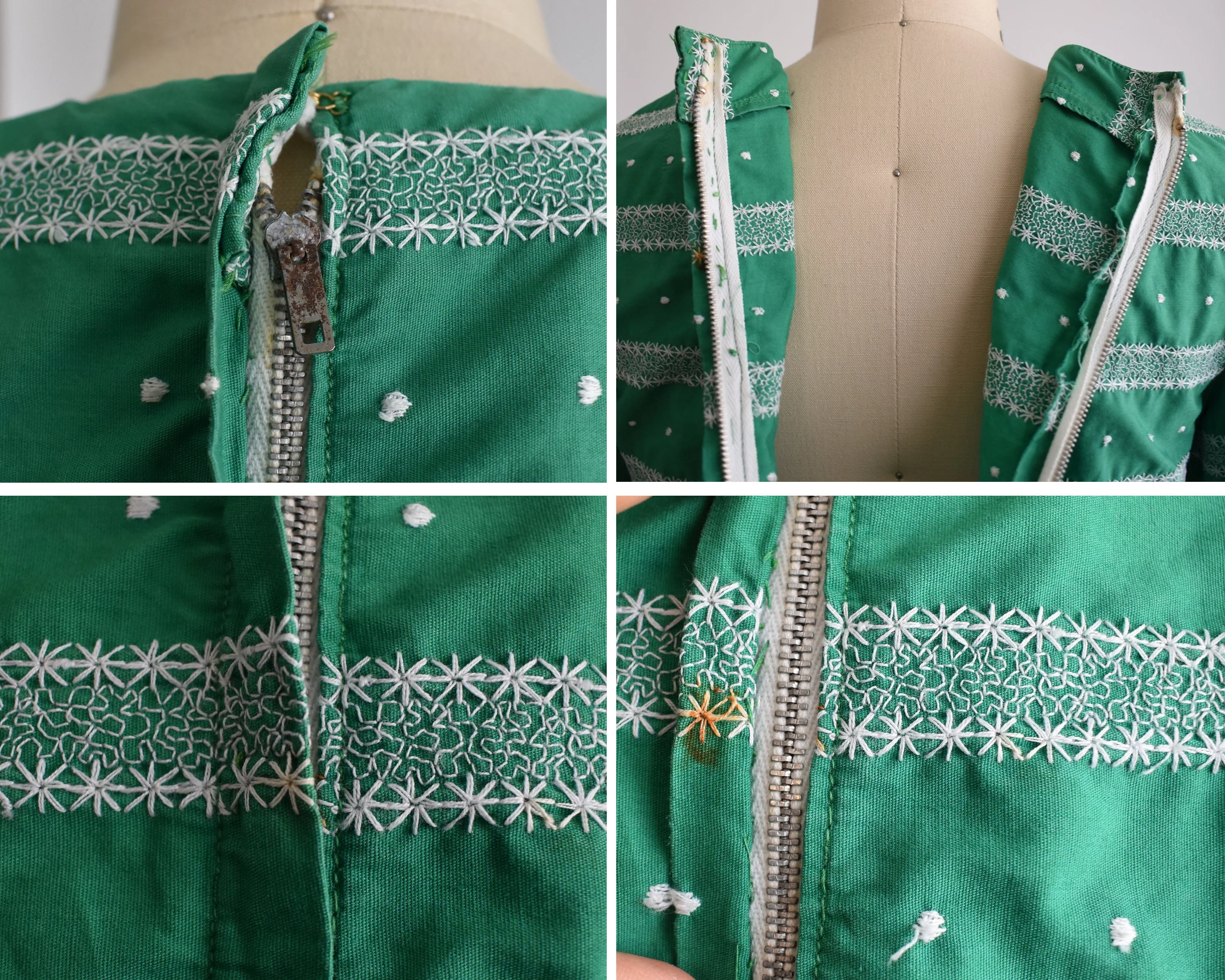 60s Mod Embroidered Dress Vintage 60s Dress Green and White Cotton Dress with Ruffled Trumpet Sleeves, Xs - Image 9