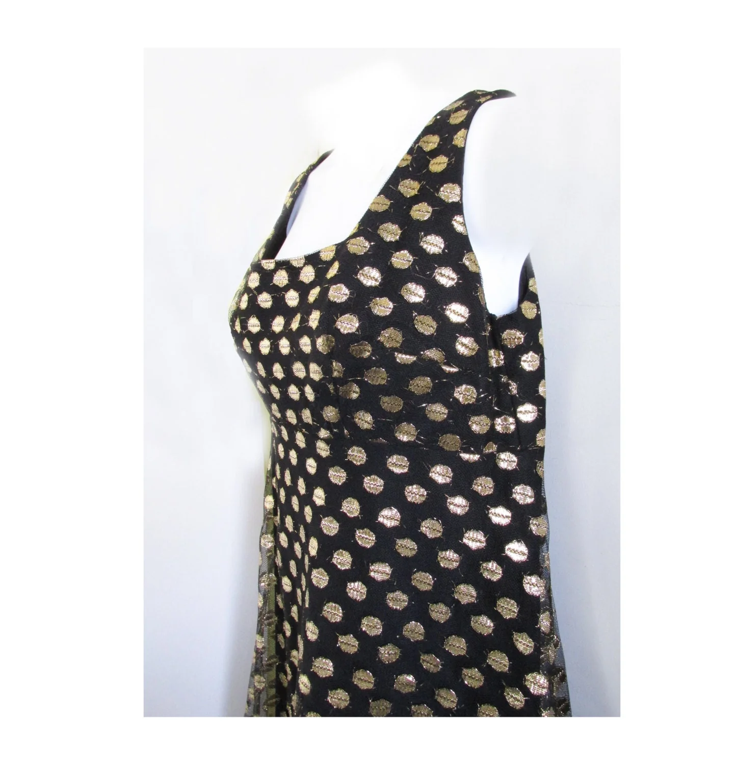 60s Mod Go Go Black Dress with Gold Polka Dot Overlay Made In California - Image 3