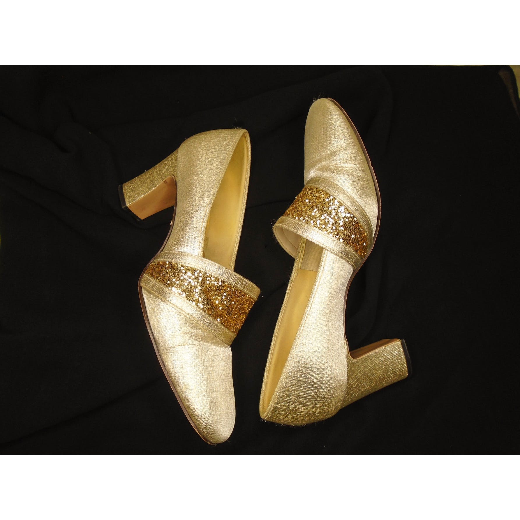 60s Mod Gold Lame Shoes With Glitter And Chunky Heel By Eleganti Creations - Image 3