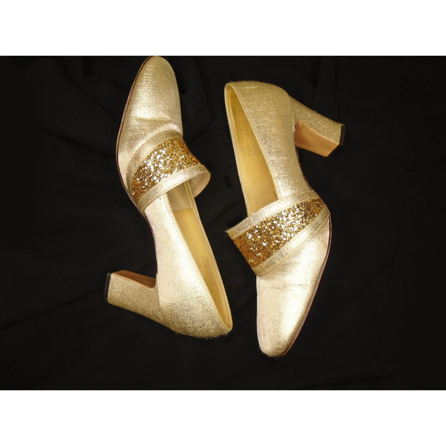 60s Mod Gold Lame Shoes With Glitter And Chunky Heel By Eleganti Creations - Image 4