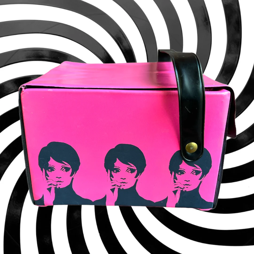 60s Mod Hot Pink Black Print Wig Box Bag Handbag By Carousel - Image 3