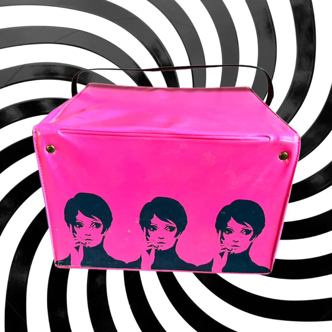 60s Mod Hot Pink Black Print Wig Box Bag Handbag By Carousel - Image 4