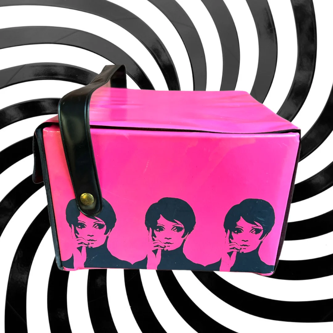 60s Mod Hot Pink Black Print Wig Box Bag Handbag By Carousel - Image 5
