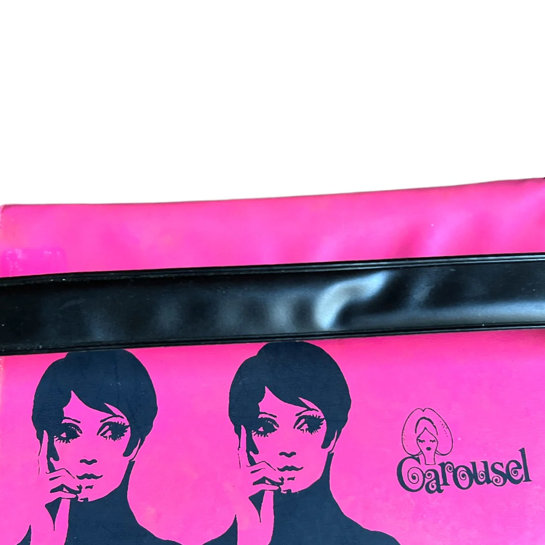 60s Mod Hot Pink Black Print Wig Box Bag Handbag By Carousel - Image 8