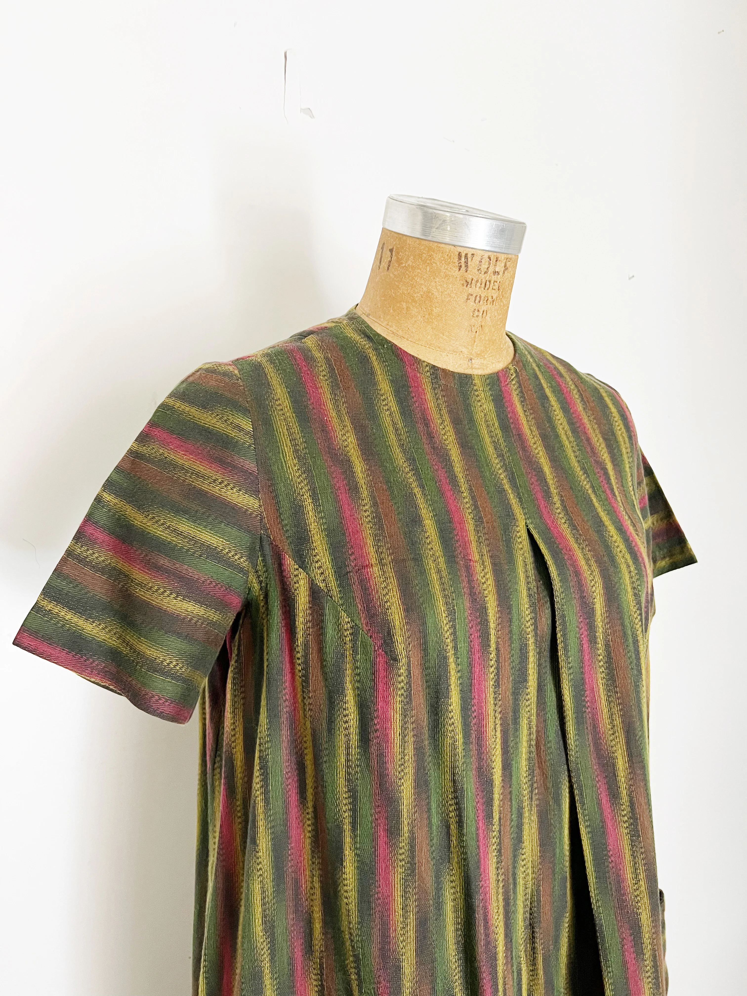 60s Mod Olive Green Striped Tent Dress - Image 3