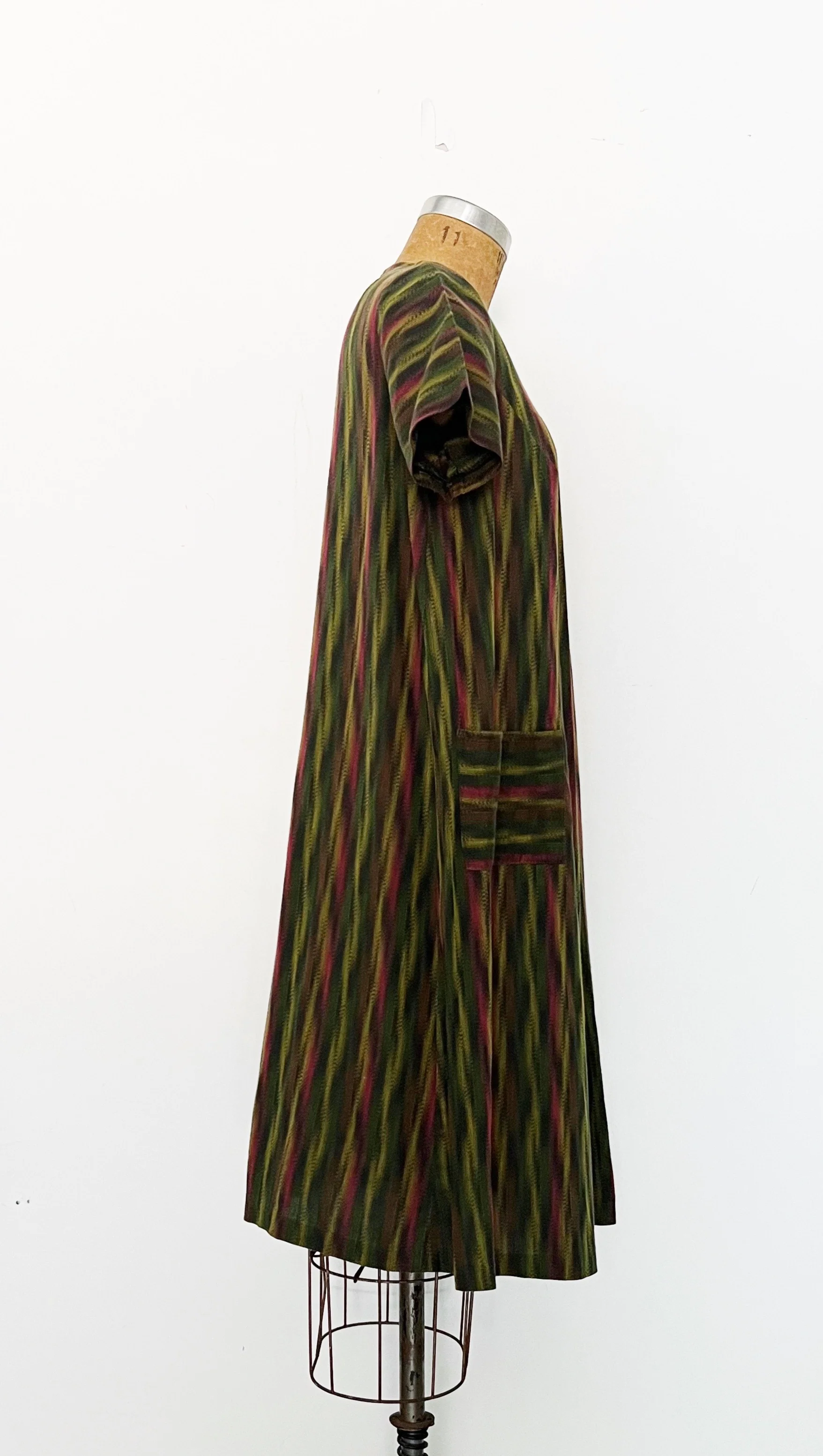 60s Mod Olive Green Striped Tent Dress - Image 4
