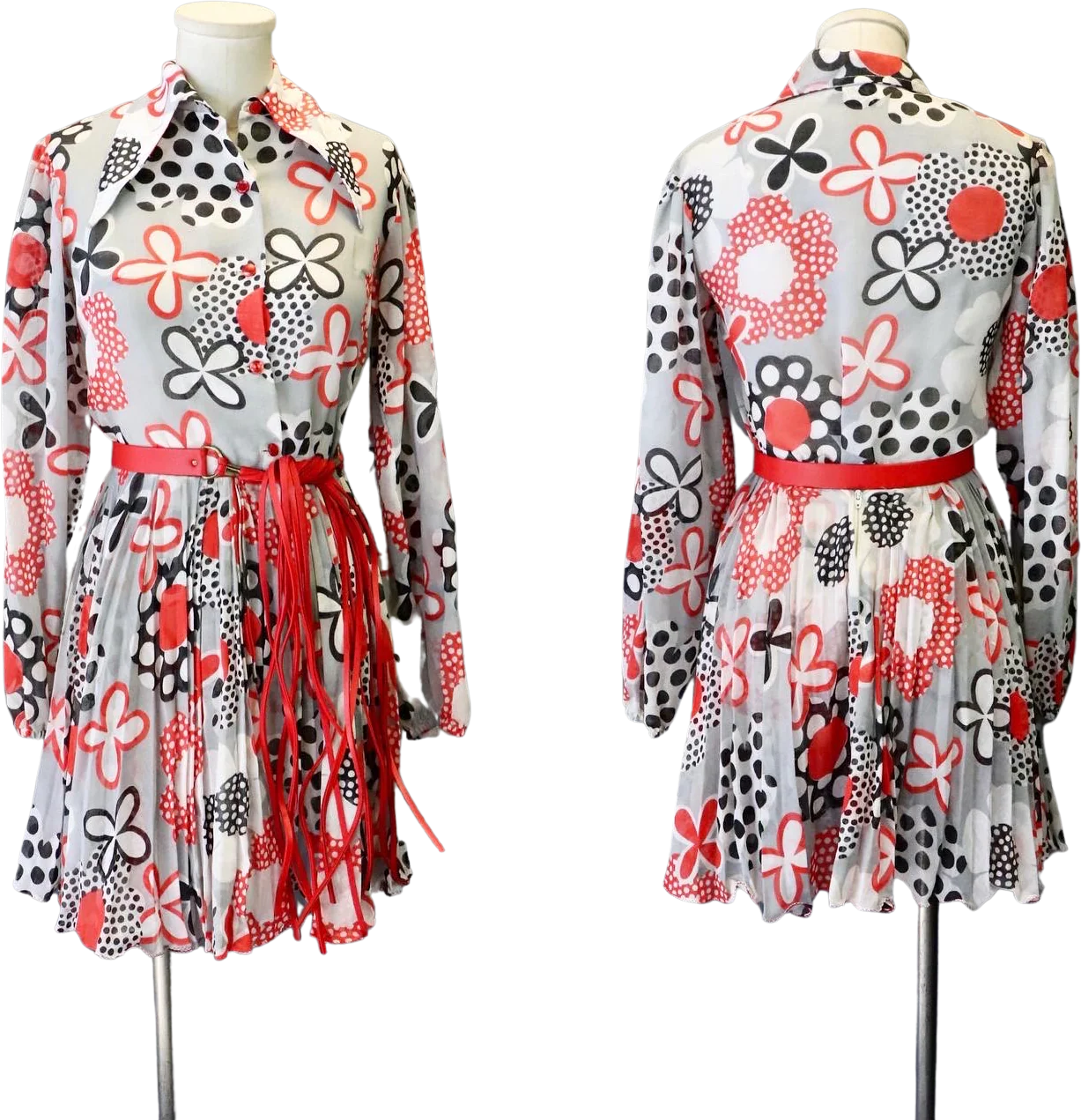 60s Mod Op Art Floral And Dot Skirt And Top Set W Belt By Kippe