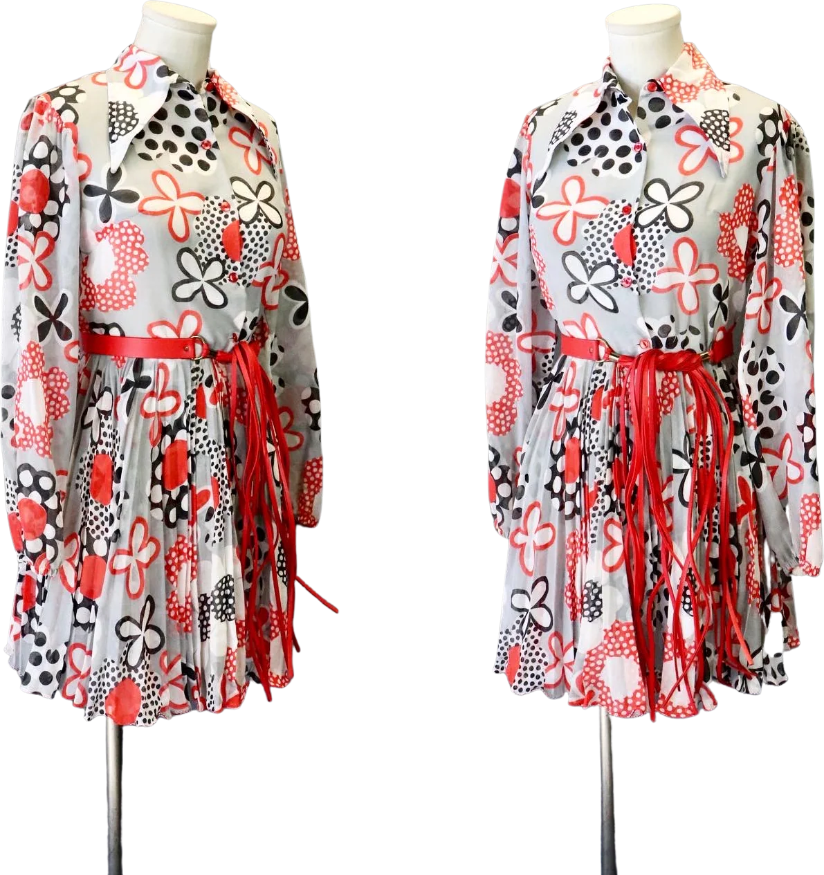 60s Mod Op Art Floral And Dot Skirt And Top Set W Belt By Kippe - Image 2