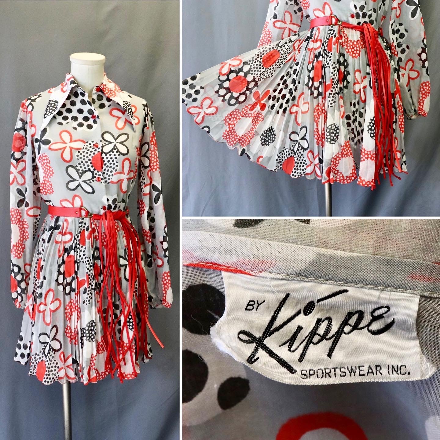 60s Mod Op Art Floral And Dot Skirt And Top Set W Belt By Kippe - Image 4