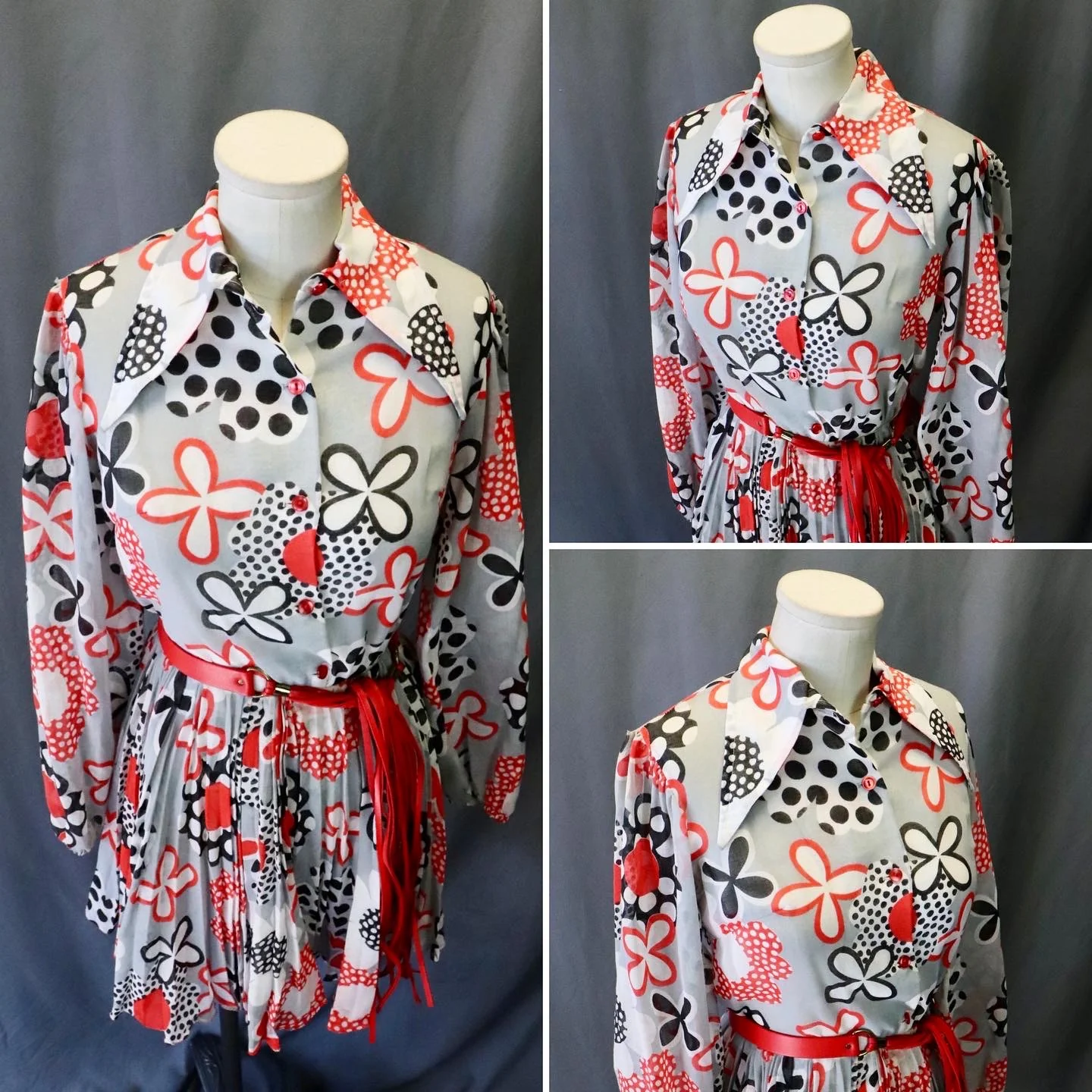 60s Mod Op Art Floral And Dot Skirt And Top Set W Belt By Kippe - Image 5