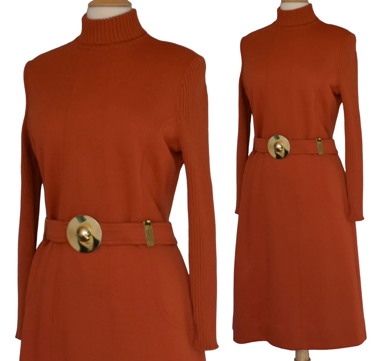 60s Mod Orange Wool Jersey Dress With Statement Belt By Dalton - Image 3