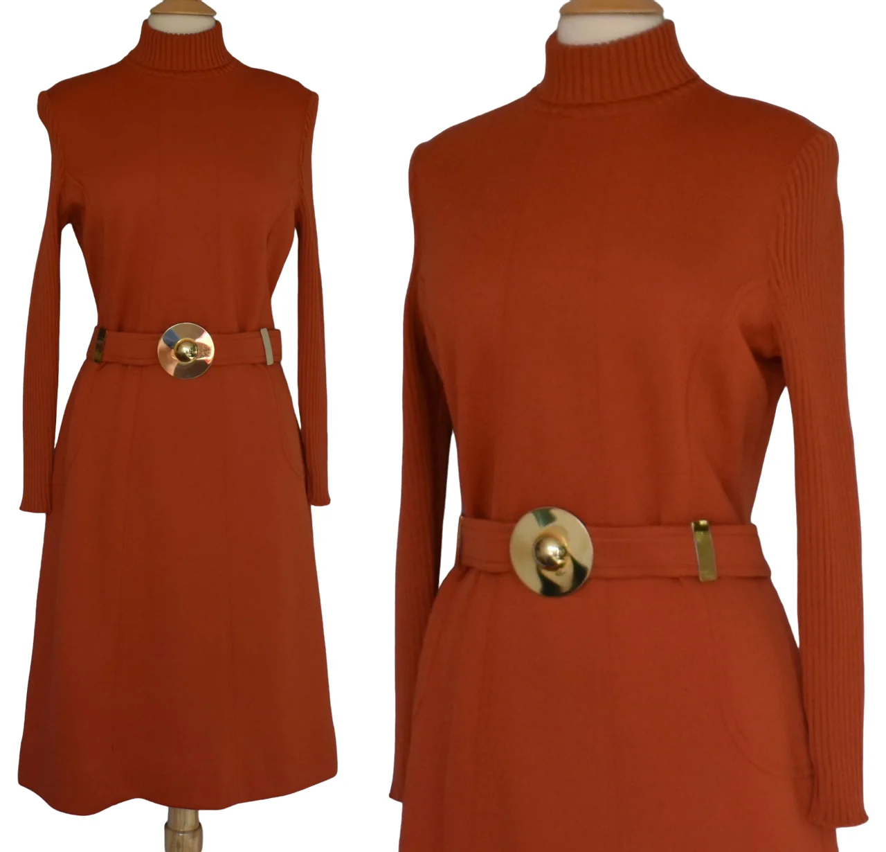 60s Mod Orange Wool Jersey Dress With Statement Belt By Dalton - Image 6