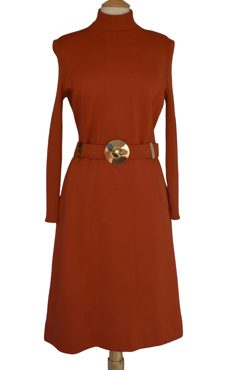 60s Mod Orange Wool Jersey Dress With Statement Belt By Dalton - Image 7