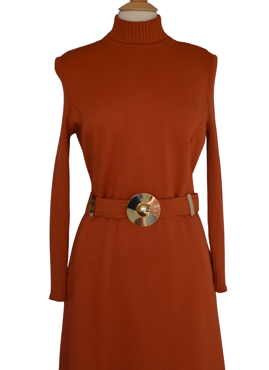 60s Mod Orange Wool Jersey Dress With Statement Belt By Dalton - Image 8