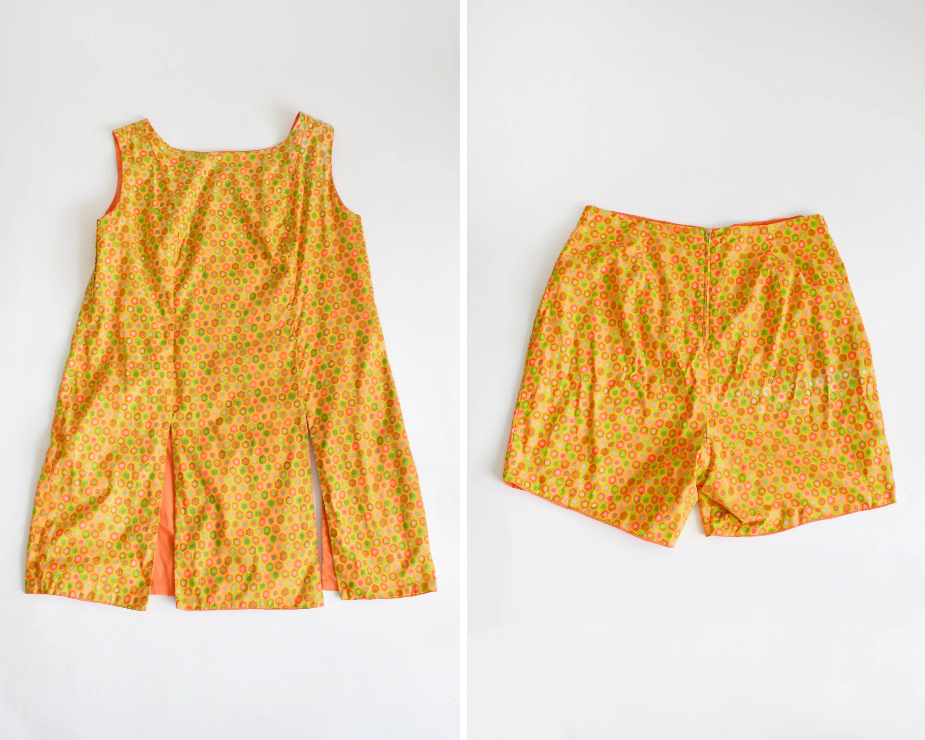 60s Mod Playsuit Vintage 60s Dress and Shorts Set, Reversible Orange Pink Green Geometric Print Two Piece Set, 2x - Image 4
