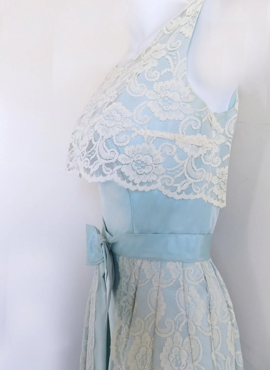 60s Mod Prom Dress Formal Full Length Blue and White Lace W24" Small - Image 2