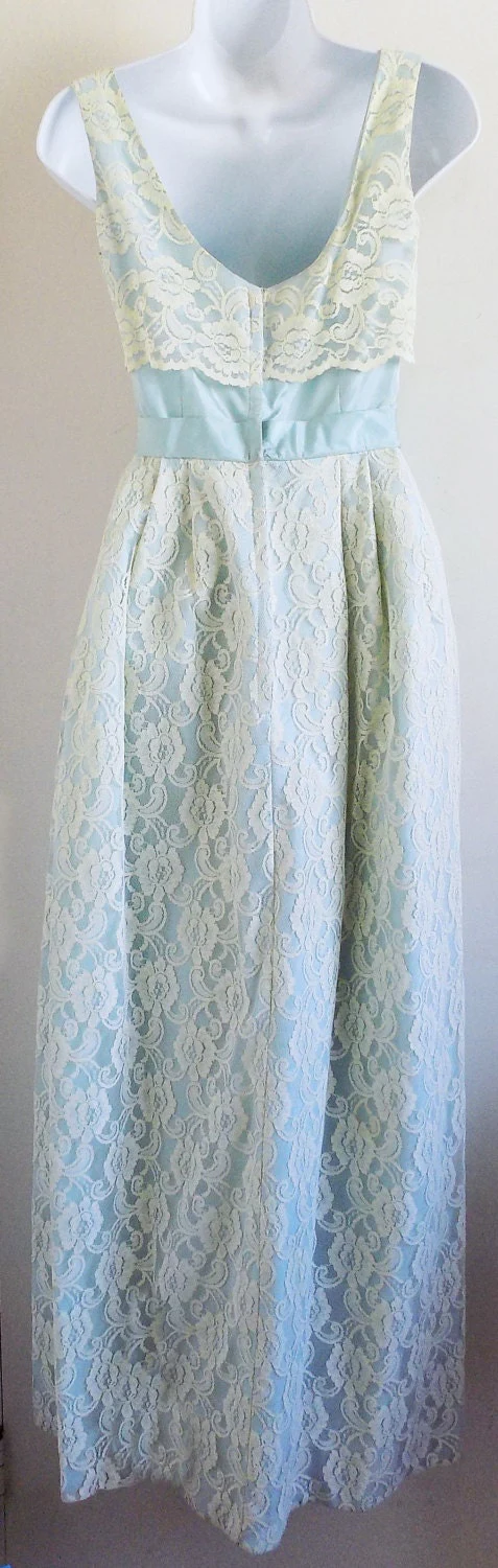 60s Mod Prom Dress Formal Full Length Blue and White Lace W24" Small - Image 3