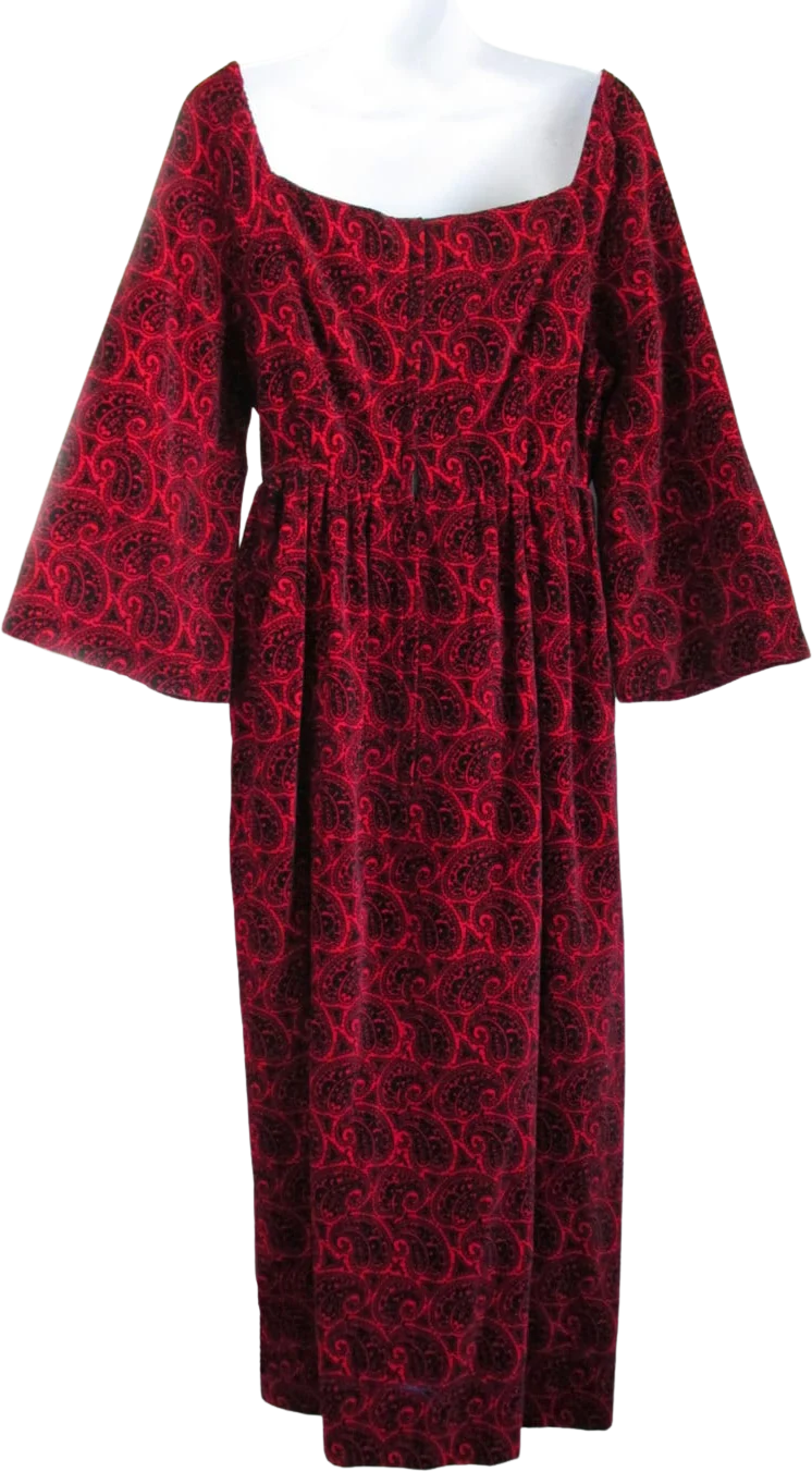 60s Mod Red Velvet Paisley Party Dress with Bell Sleeves by Calderon