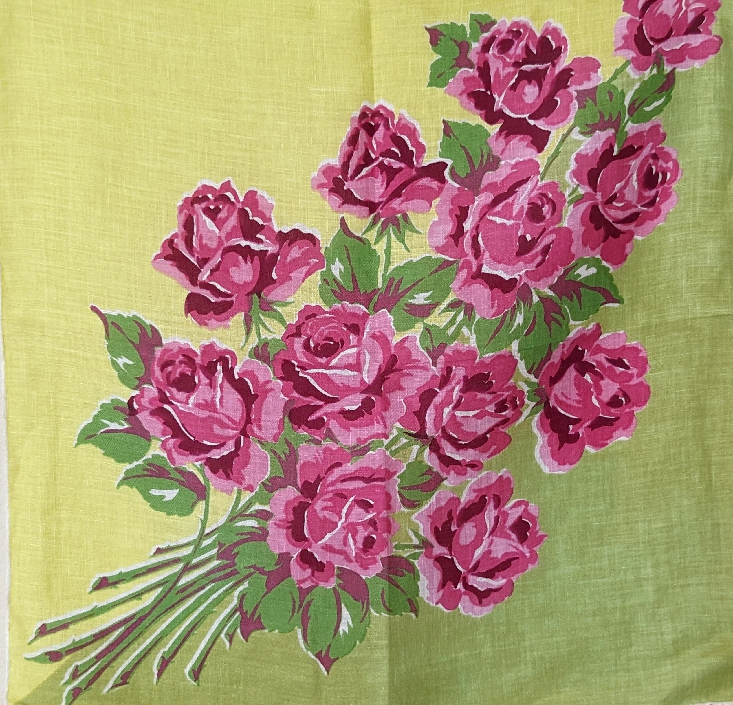 60s "mod Rose Dozen" Green and Yellow Colorblock Scarf Handkerchief with Hand Rolled Edge - Image 2