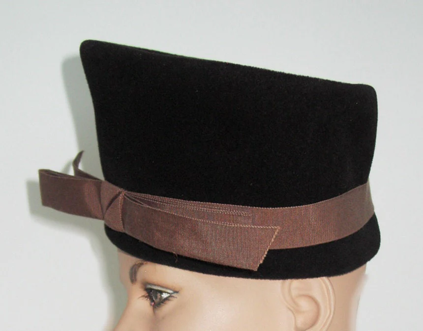 60s Mod Tall Pill Box Hat by Mr Charles of California Wool Felt Black Brown by Mr Charles Of California - Image 2