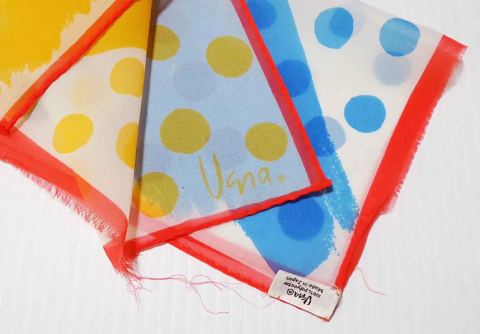 60s Mod Vera Neumann Polyester Rectangular Scarf Polka Dots Brushwork Red Blue Yellow Designer by Vera Neumann - Image 2