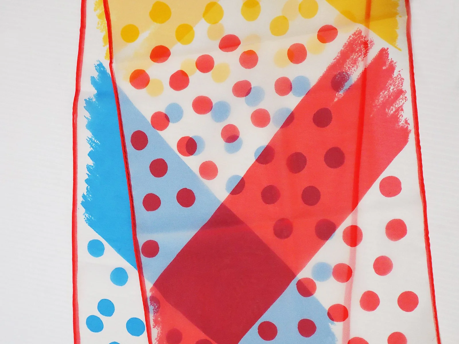 60s Mod Vera Neumann Polyester Rectangular Scarf Polka Dots Brushwork Red Blue Yellow Designer by Vera Neumann - Image 3