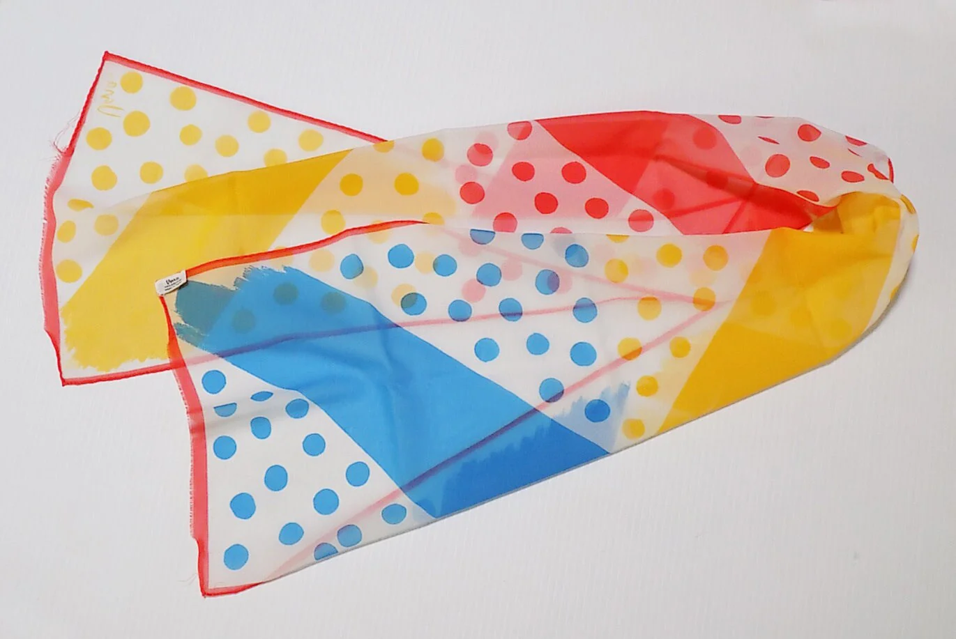 60s Mod Vera Neumann Polyester Rectangular Scarf Polka Dots Brushwork Red Blue Yellow Designer by Vera Neumann - Image 4