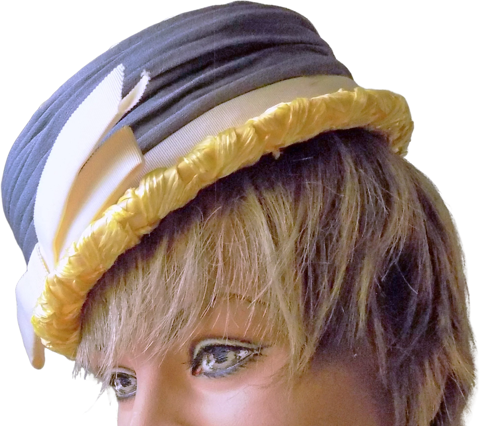 60s Mod Yellow Straw Pillbox Boater Junior New York Designer Yellow Gray Straw Basket Weave Woman's Hat by Gladys & Belle