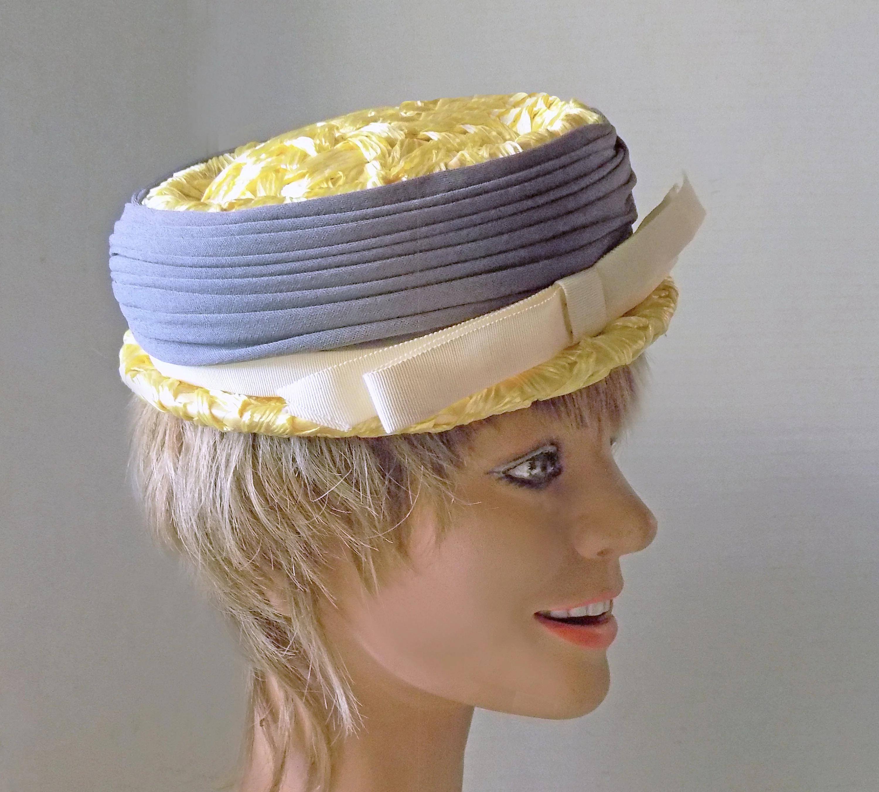 60s Mod Yellow Straw Pillbox Boater Junior New York Designer Yellow Gray Straw Basket Weave Woman's Hat by Gladys & Belle - Image 2