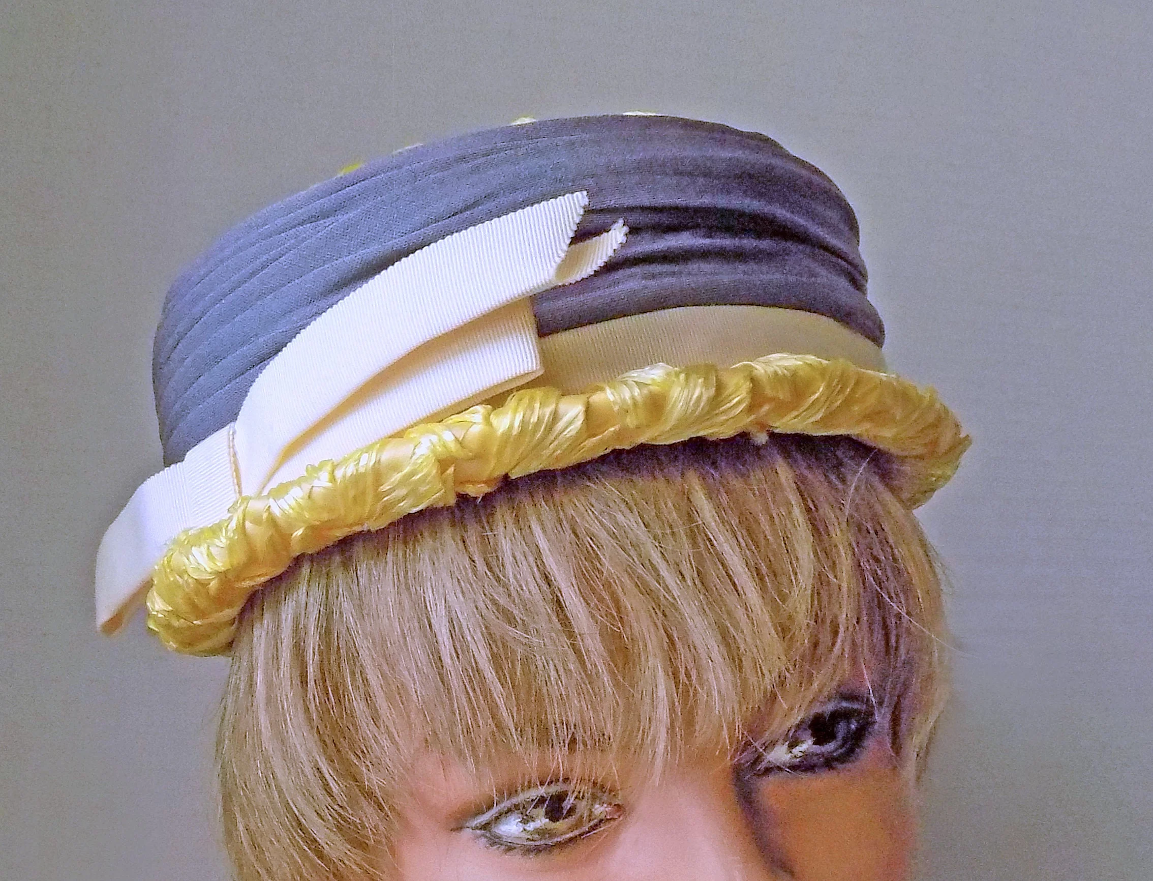 60s Mod Yellow Straw Pillbox Boater Junior New York Designer Yellow Gray Straw Basket Weave Woman's Hat by Gladys & Belle - Image 3