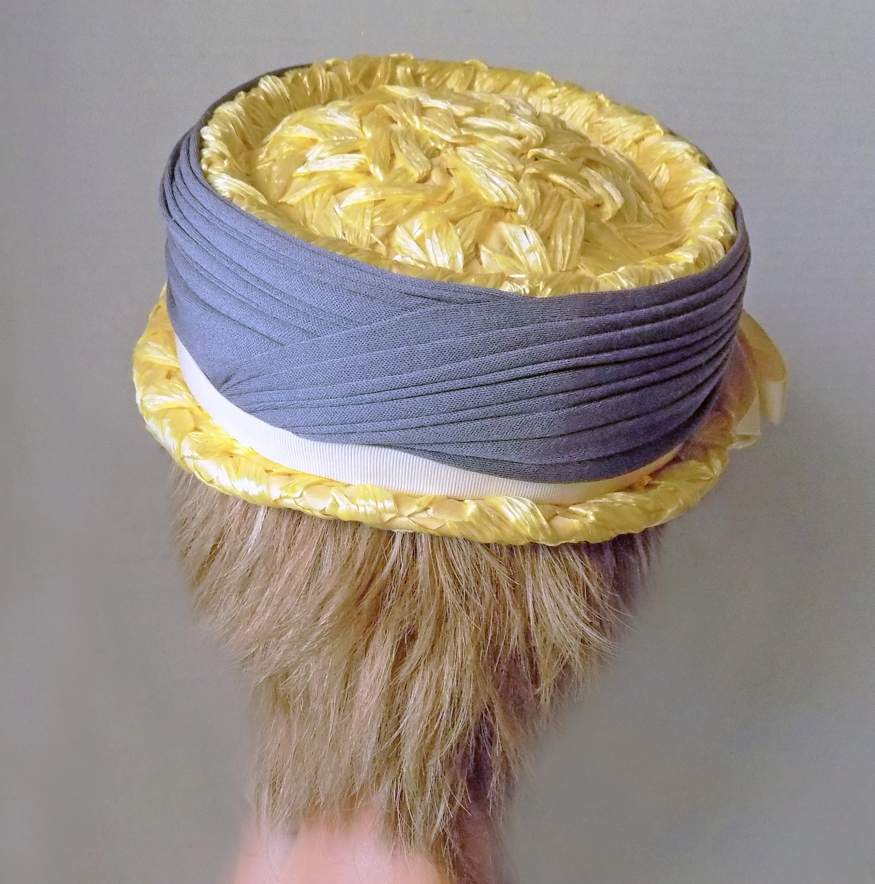 60s Mod Yellow Straw Pillbox Boater Junior New York Designer Yellow Gray Straw Basket Weave Woman's Hat by Gladys & Belle - Image 4