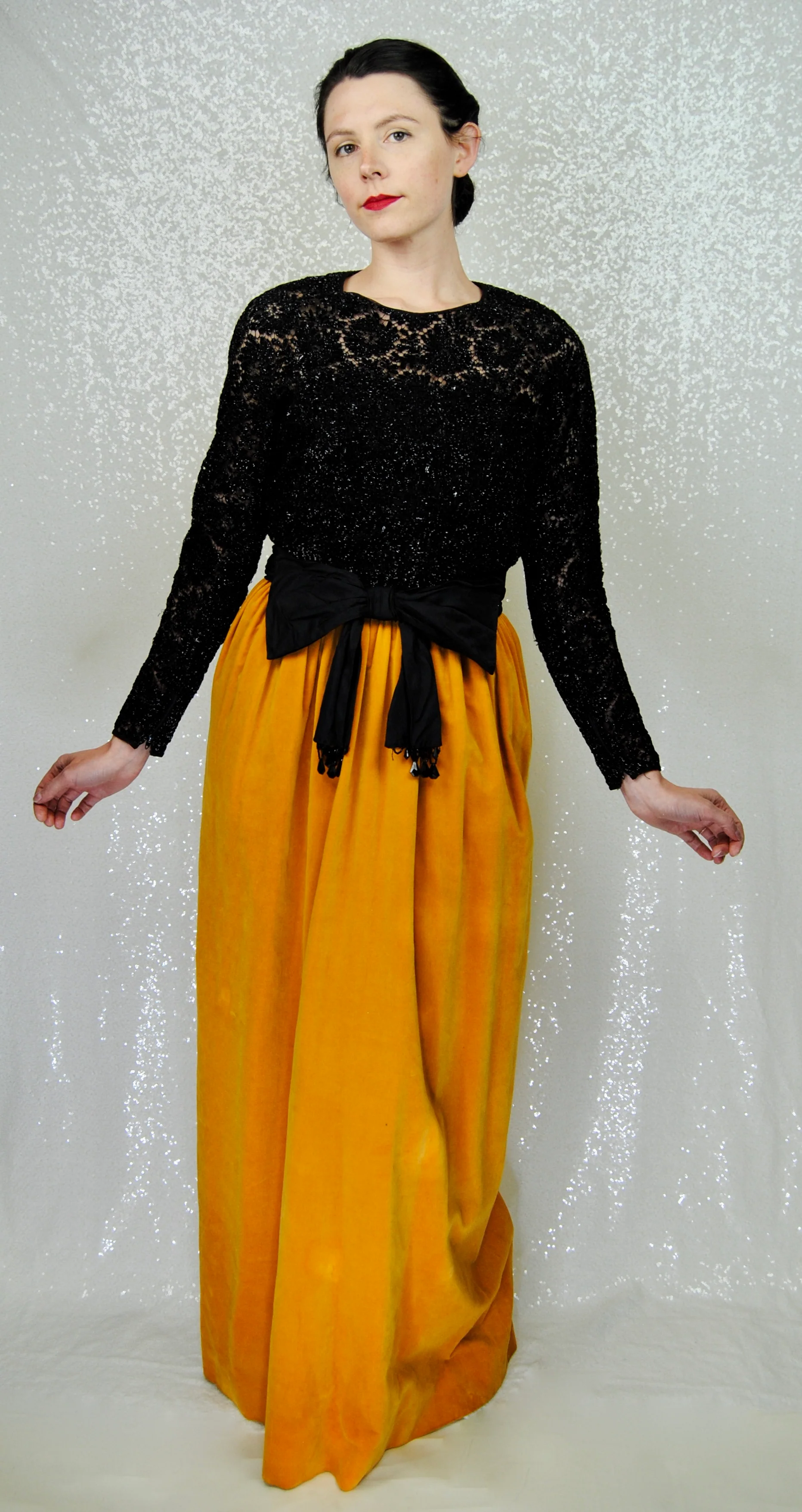 60s Mustard Velveteen Black Tinsel Lace Evening Gown By Young Sophisticates - Image 10