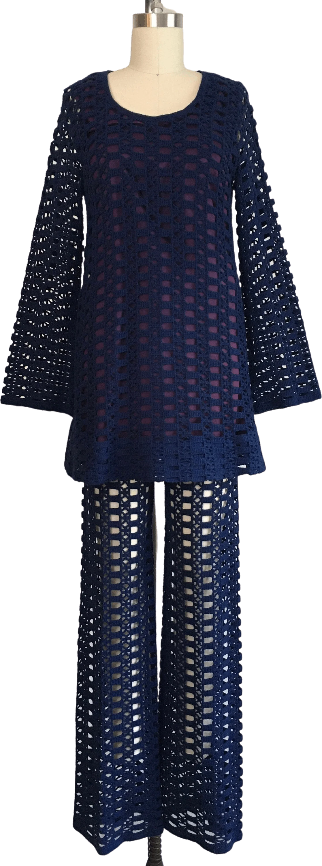 60's Navy Blue Crochet Knit Blouse and Pants Set by Golden Spider Knitwear